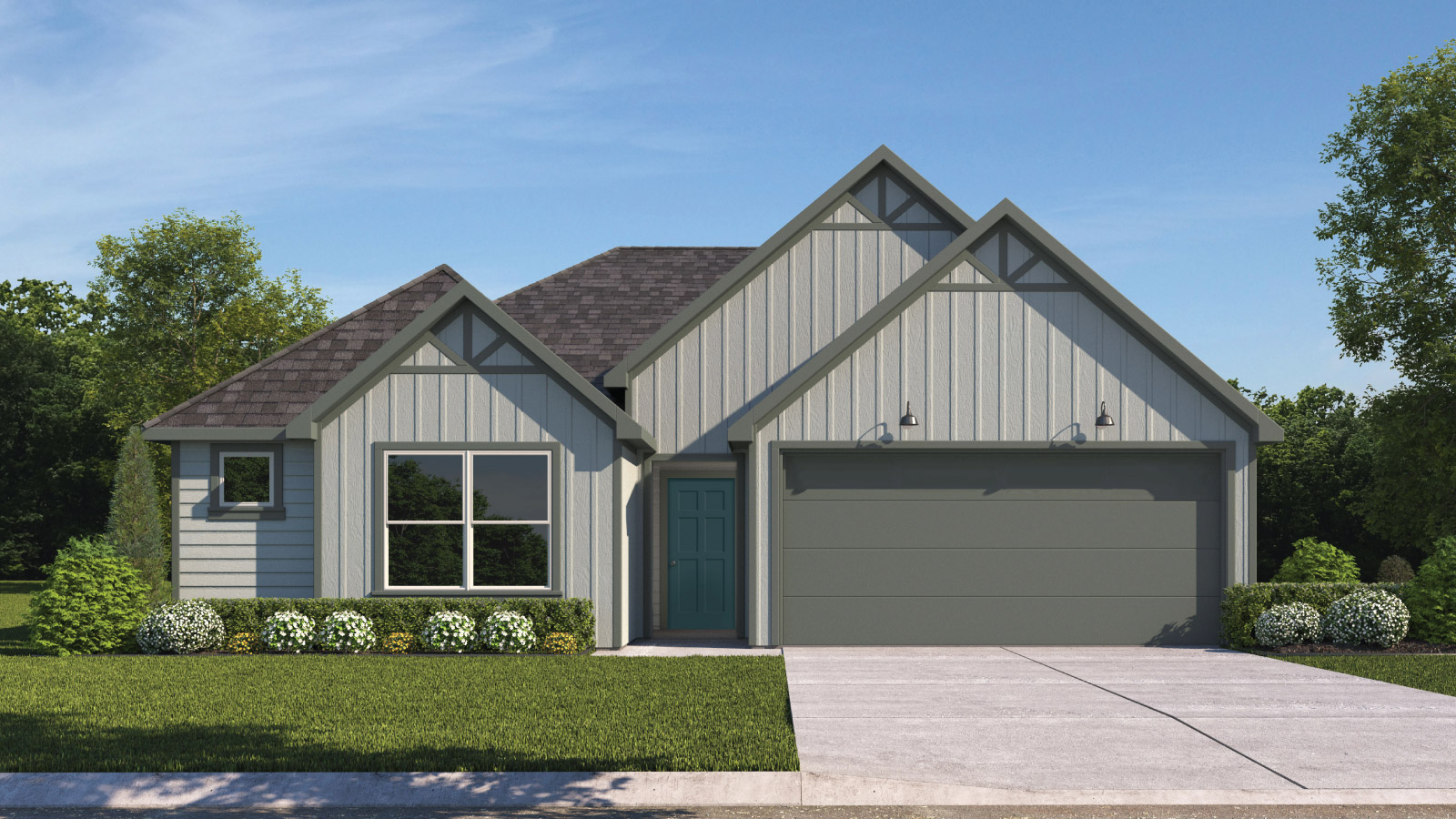 Bellvue floorplan G elevation with farmhouse exterior two windows and 2 car garage.