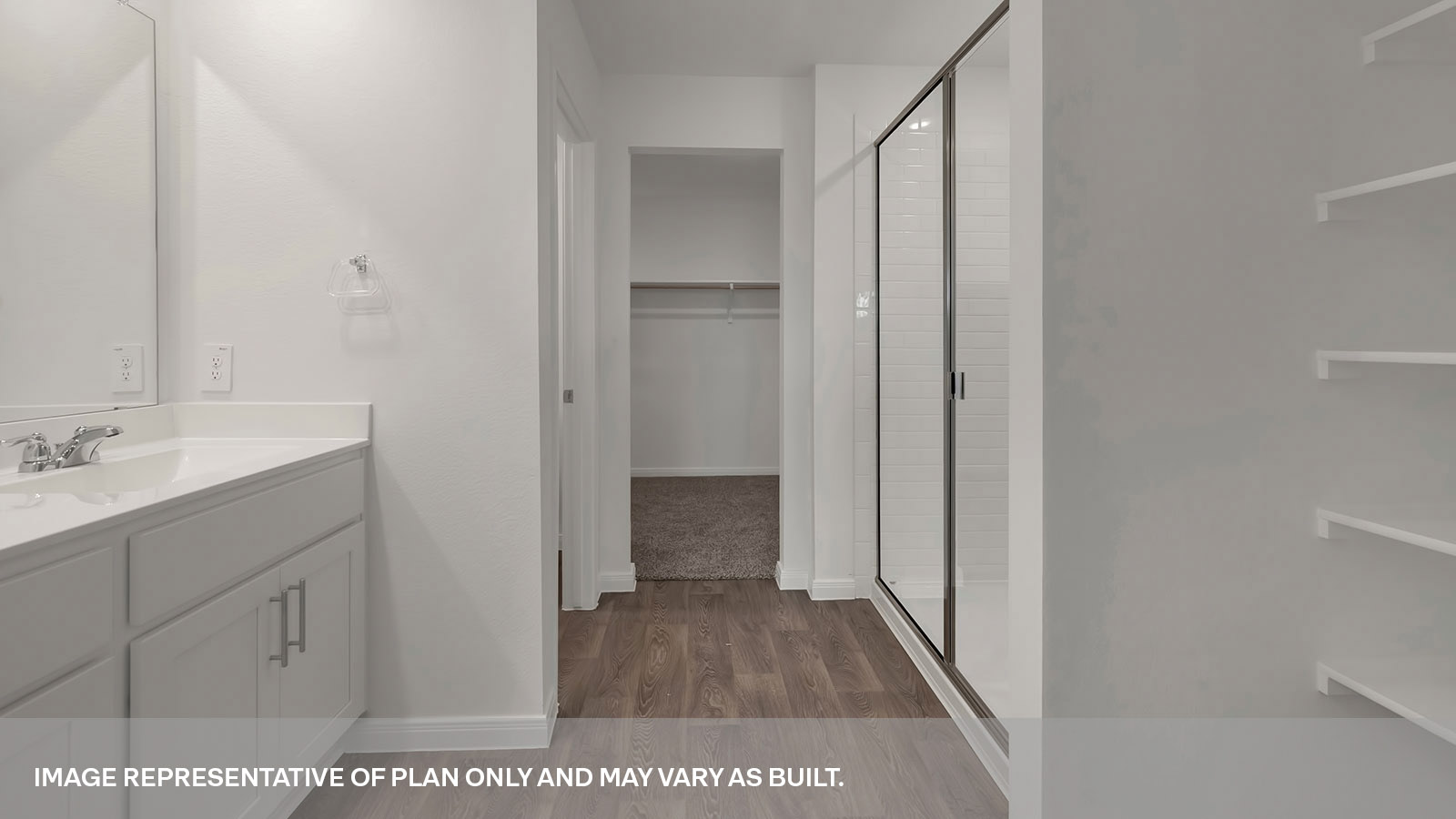 Main bathroom with vanity, walk-in shower, and walk-in closet.