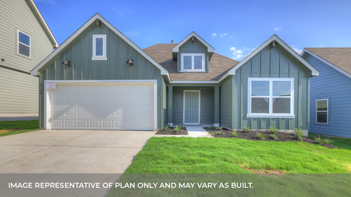 Single-story floorplan with farmhouse exterior, 2 windows and a 2 car garage.