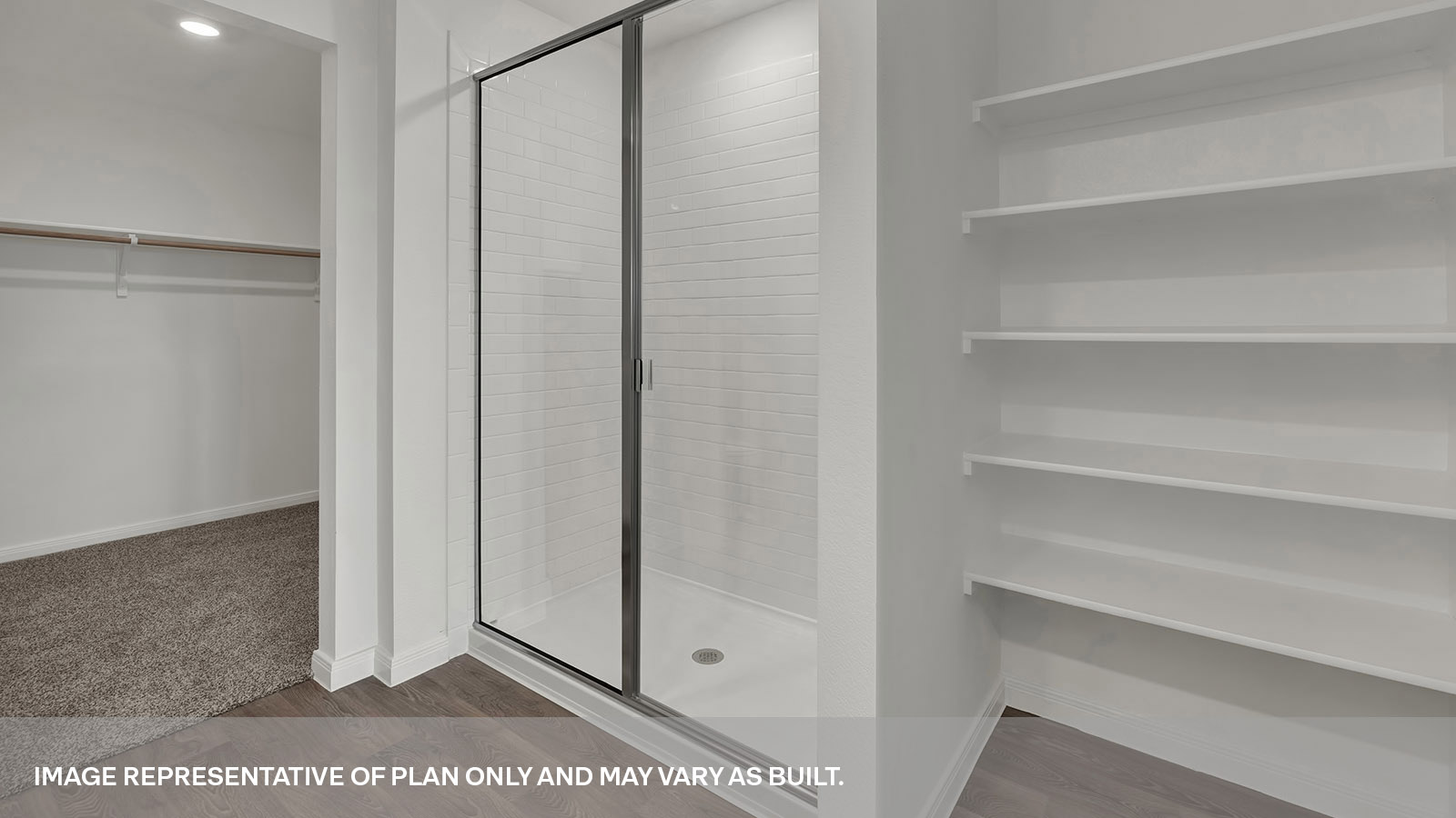 Main bathroom with walk-in shower and wooden shelving.