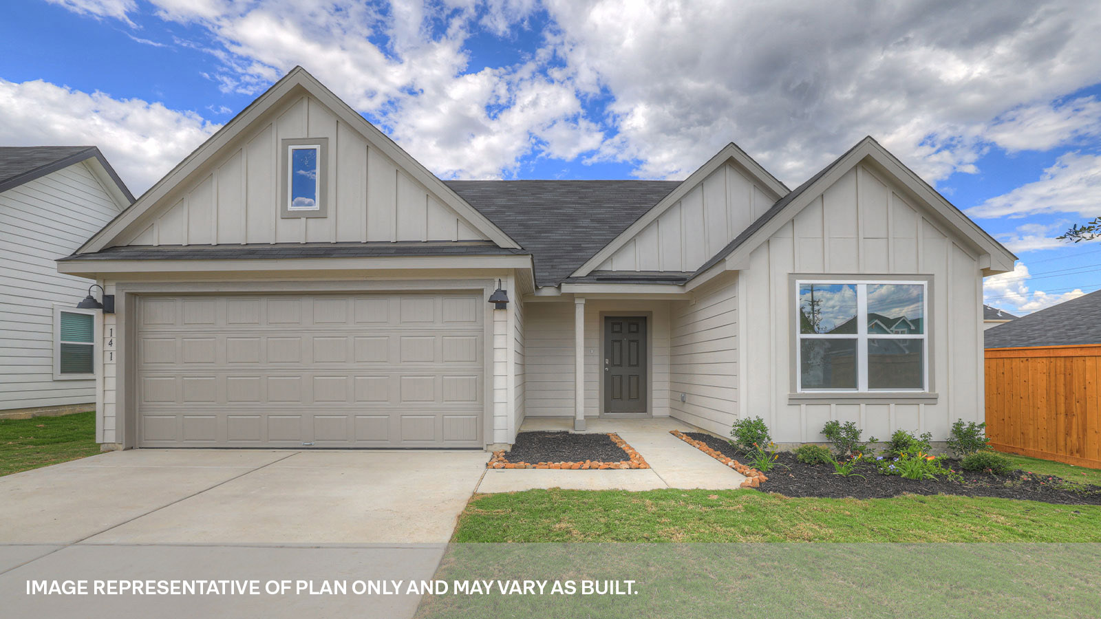 Single-story floorplan with farmhouse exterior, 2 windows and a 2 car garage.
