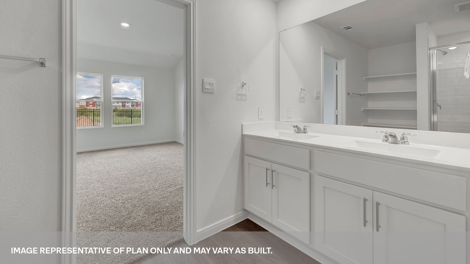 Main bathroom with vanity, walk-in shower, and walk-in closet.