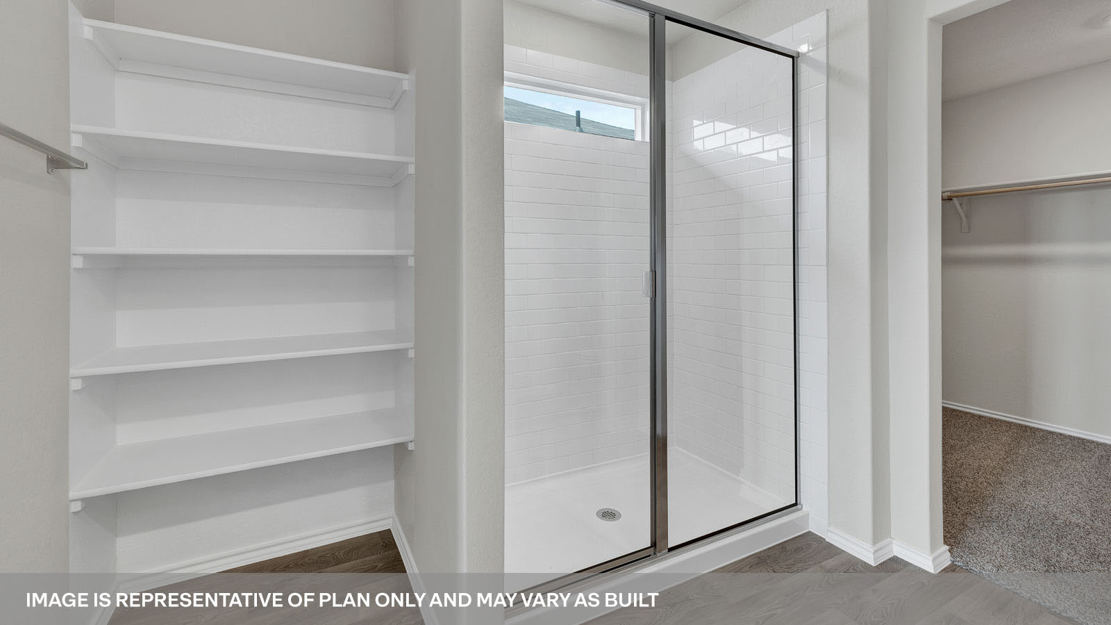 Main bathroom with double sink vanity, shower and wooden shelves.