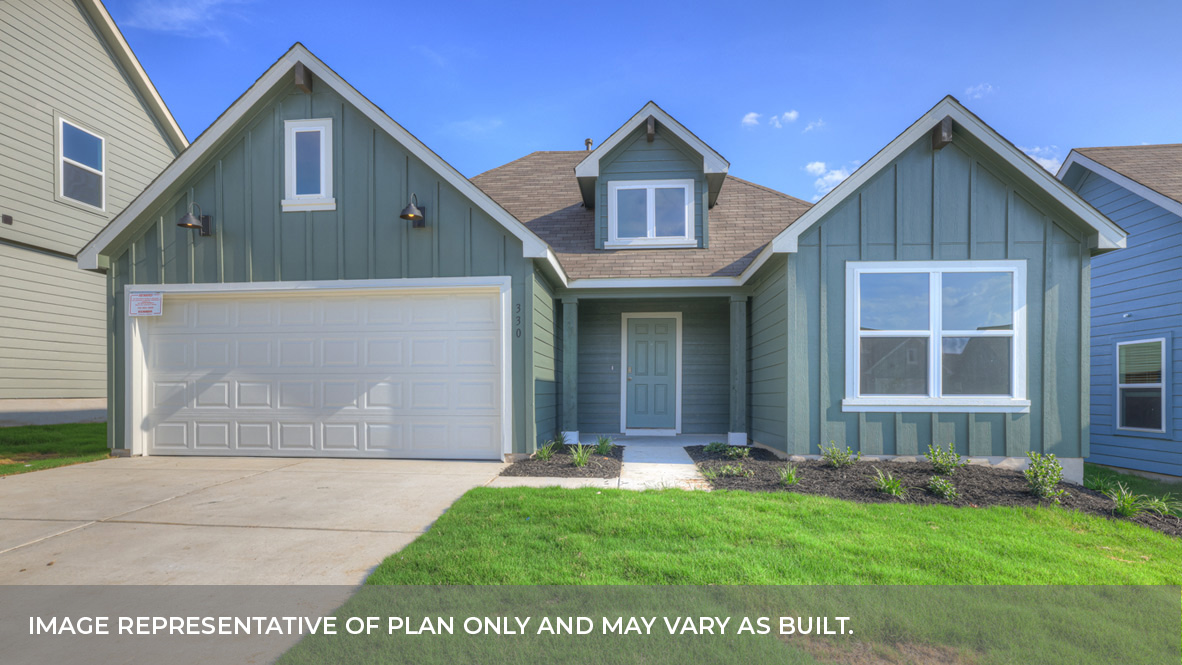 Single-story Denton G elevation with farmhouse exterior, 2 windows, and a 2 car garage.