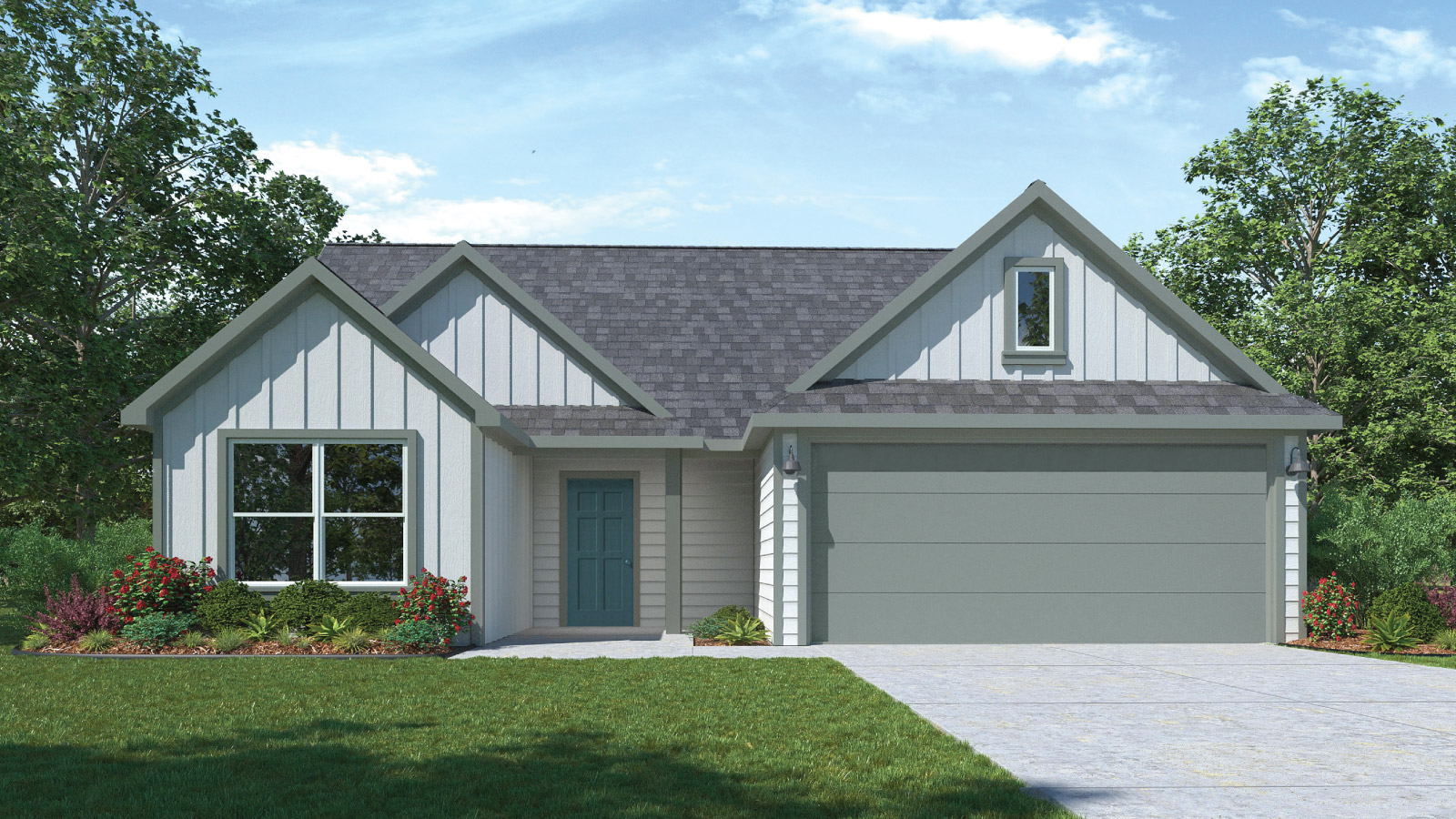 Denton floorplan F elevation with farmhouse exterior with two windows and 2 car garage.