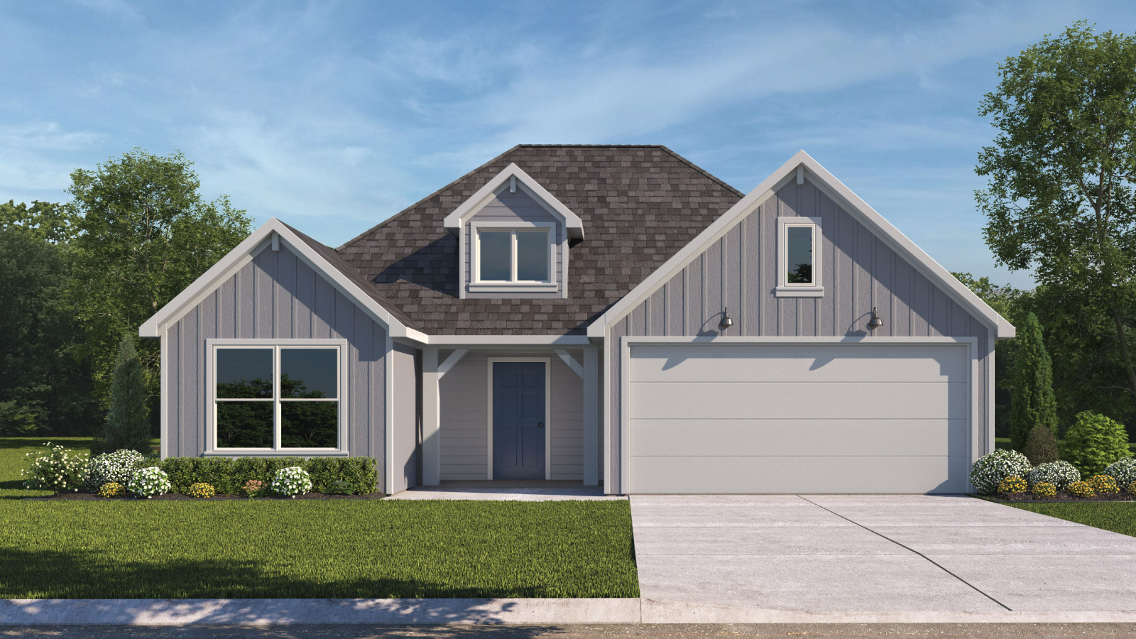 Denton floorplan G elevation with farmhouse exterior with two windows and 2 car garage.