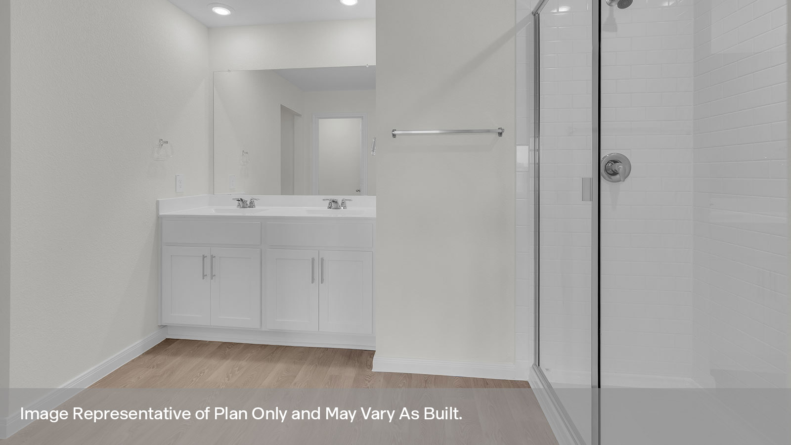 Main bathroom with wooden shelving, shower, and vanity.