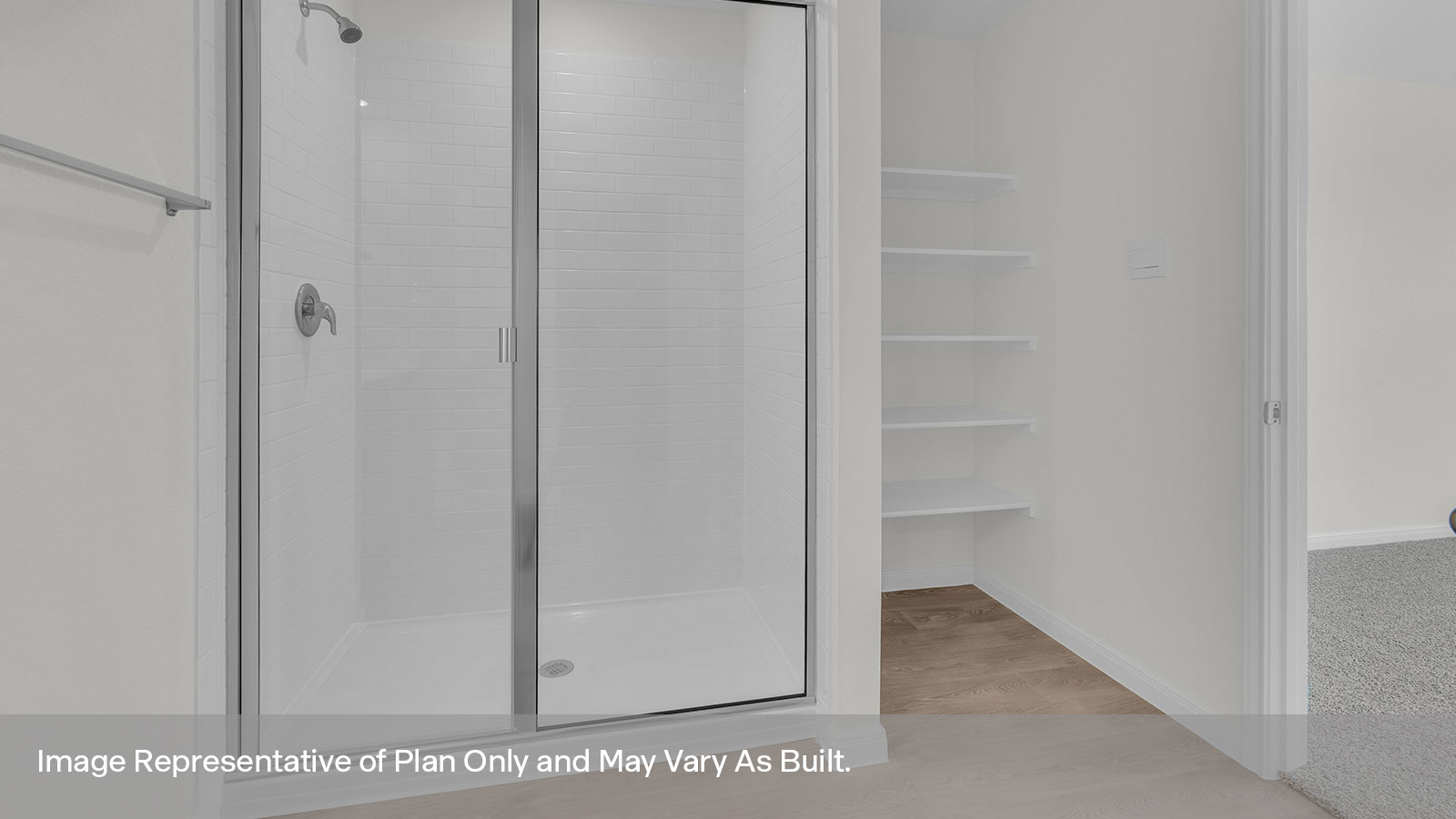 Main bathroom with wooden shelving, shower, and vanity.