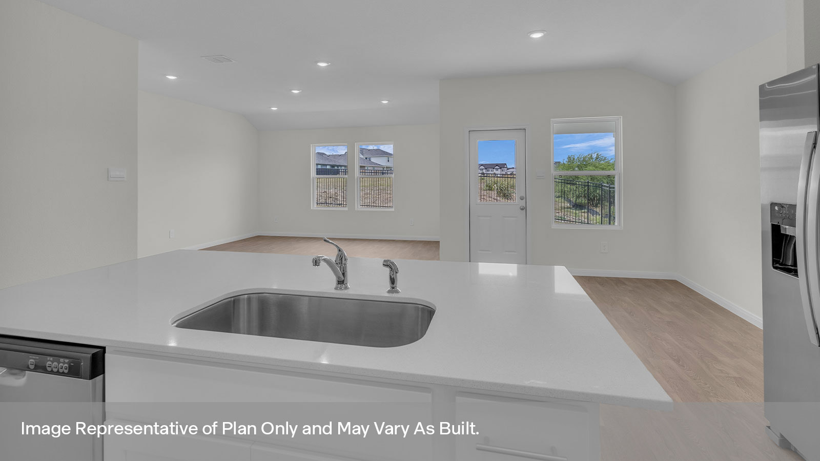 Kitchen island overlooking the dining room and living room.
