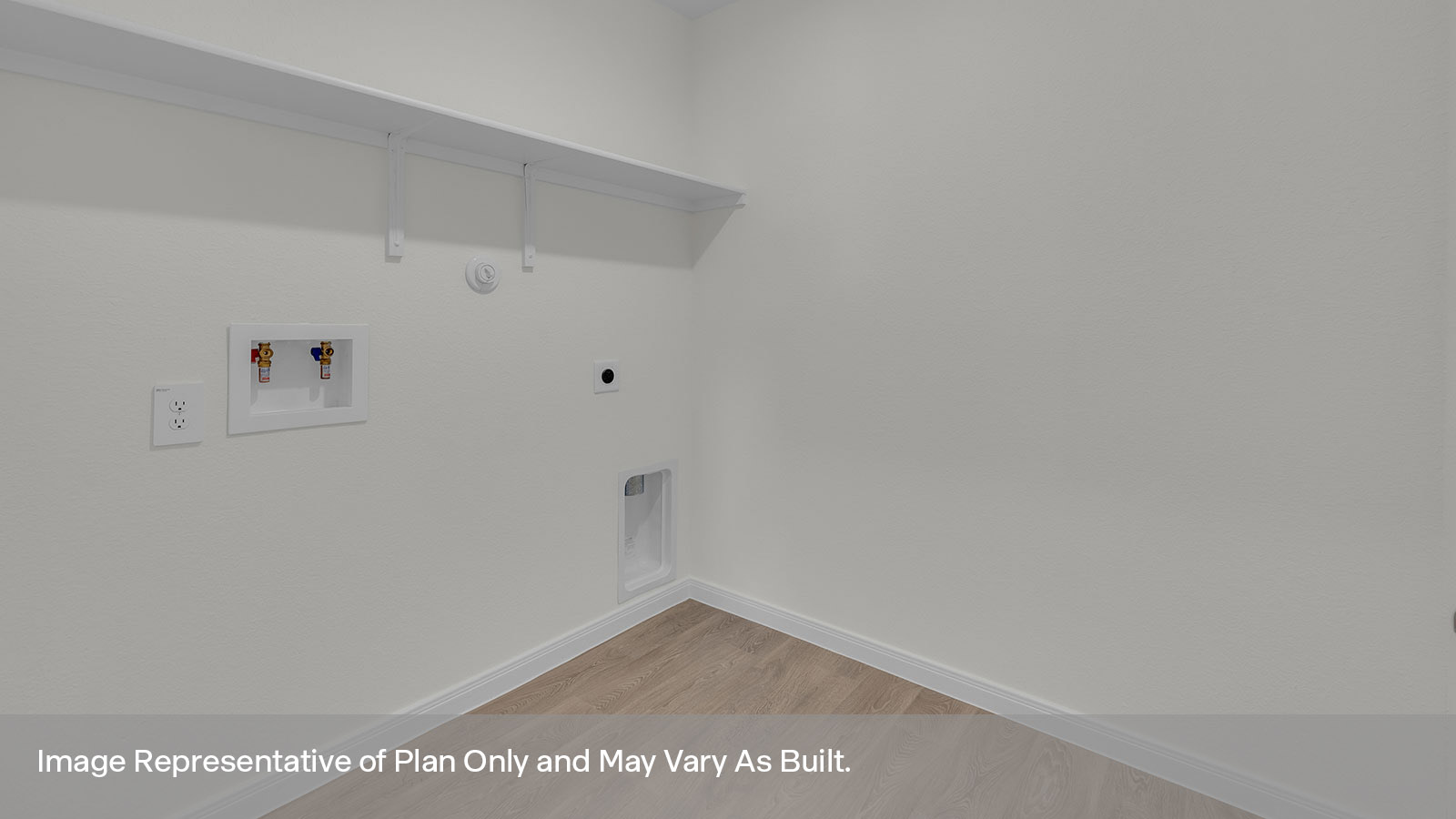 Laundry room with washer/dryer connections and wooden shelving.
