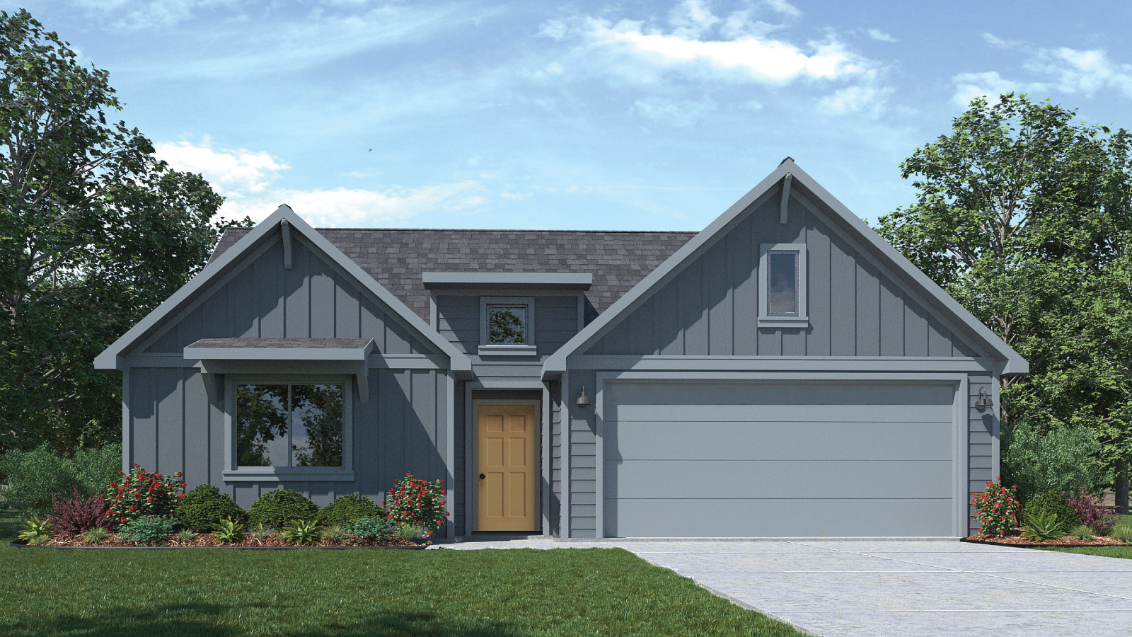 The Irvine floorplan F elevation with farmhouse exterior one window and 2 car garage.