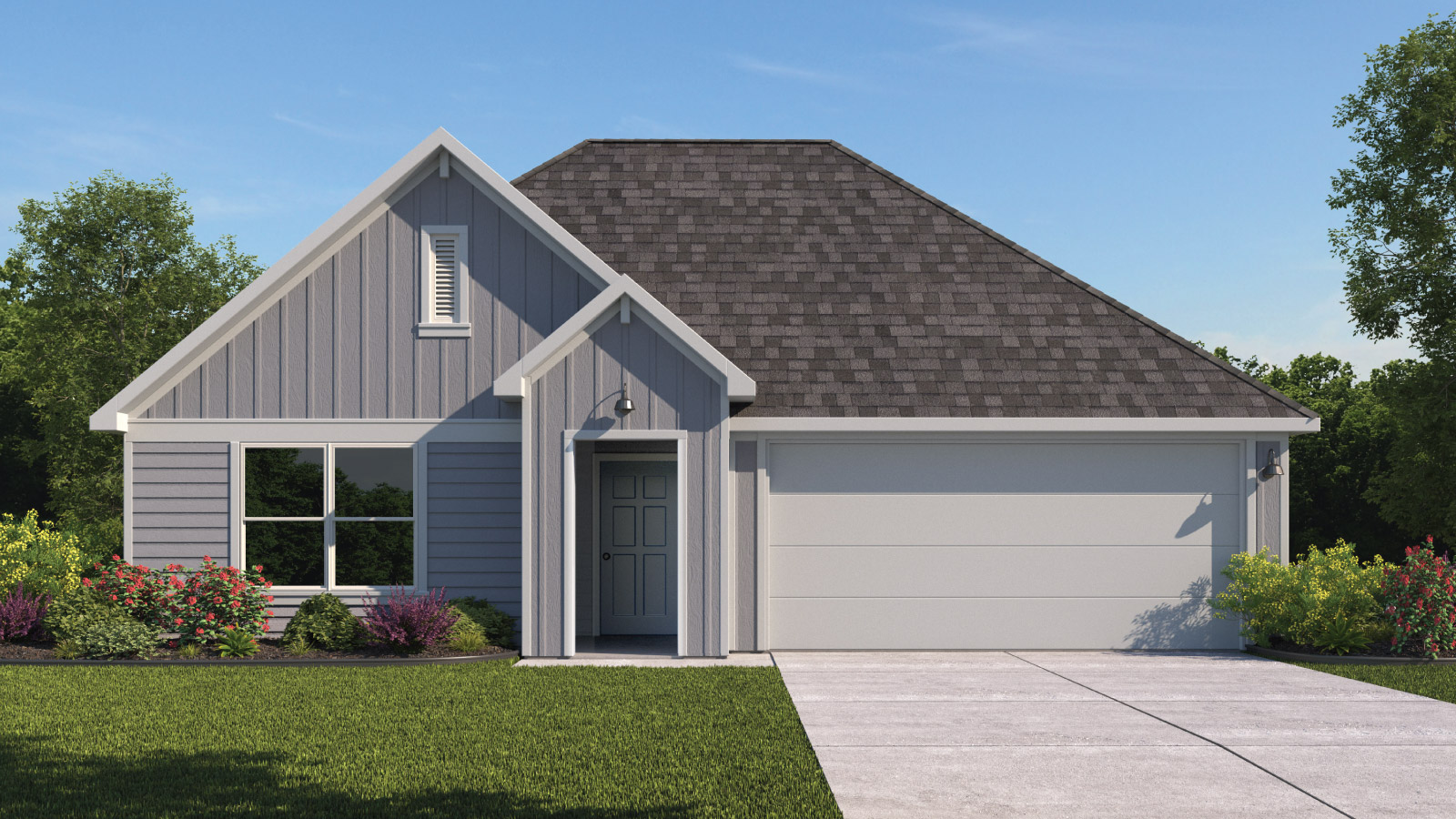 The Irvine floorplan G elevation with farmhouse exterior two windows and 2 car garage.