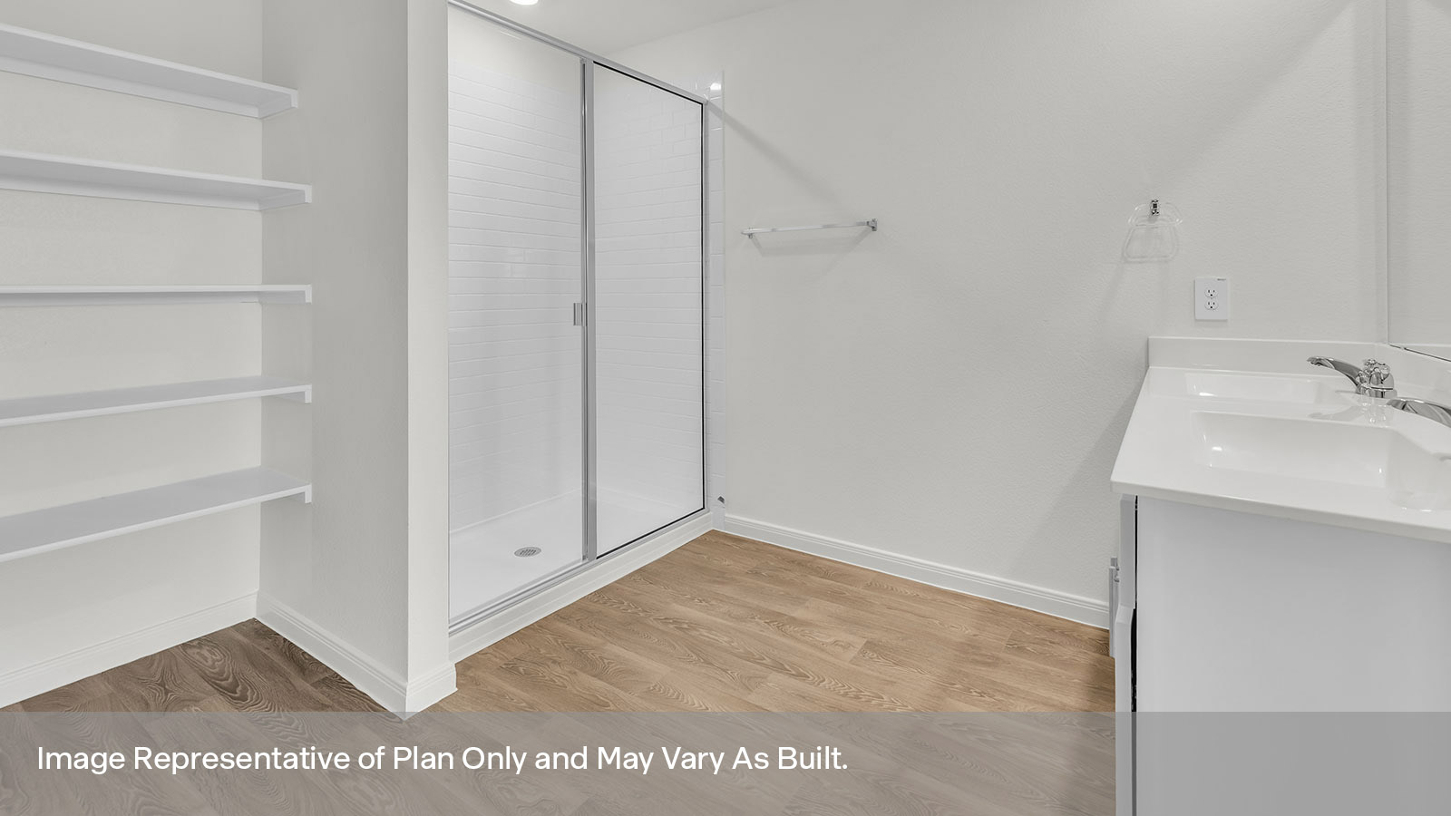 Main bathroom with double sink vanity, large walk-in shower, and wooden shelving.