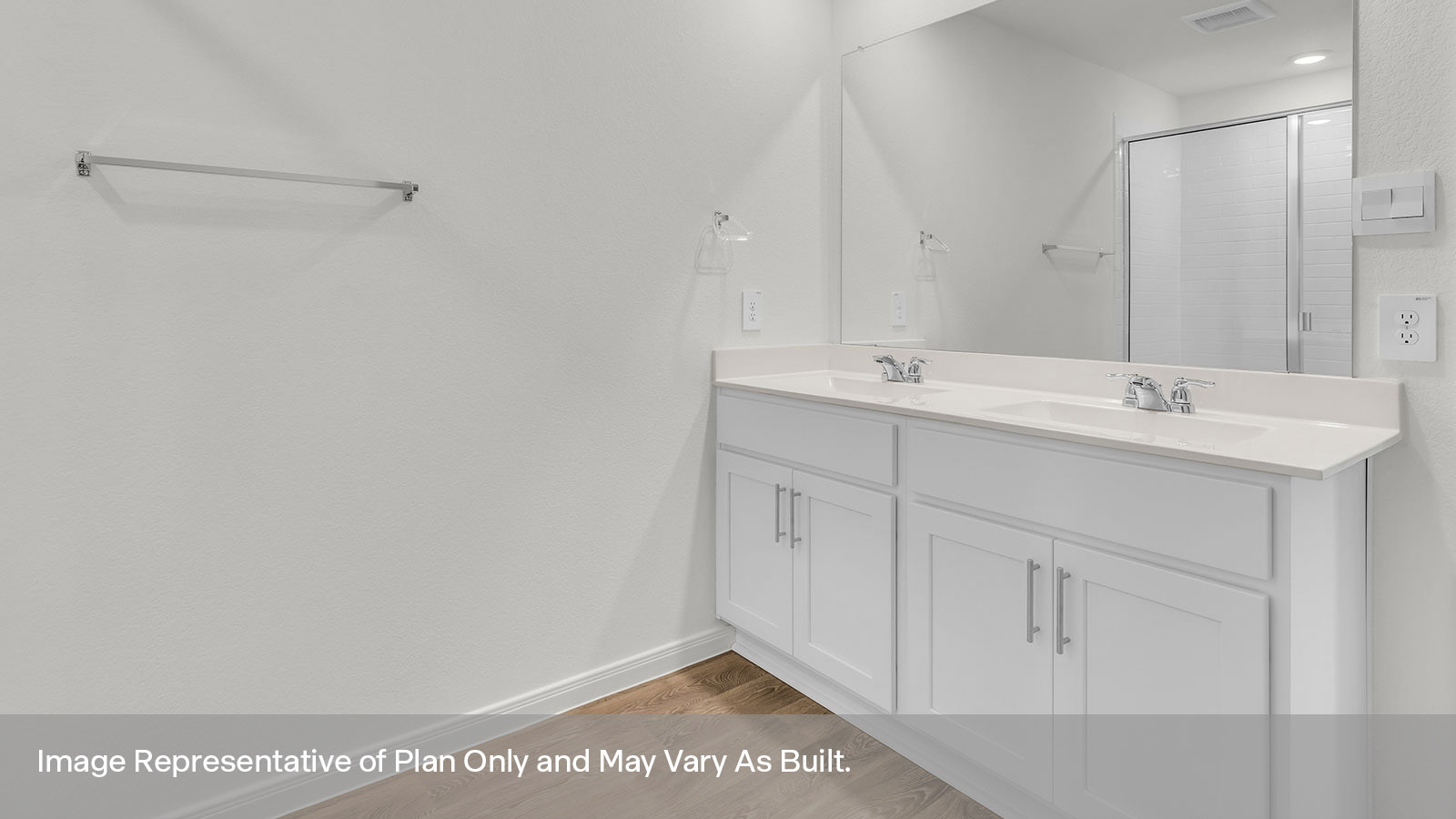 Main bathroom with double sink vanity, large walk-in shower, and wooden shelving.