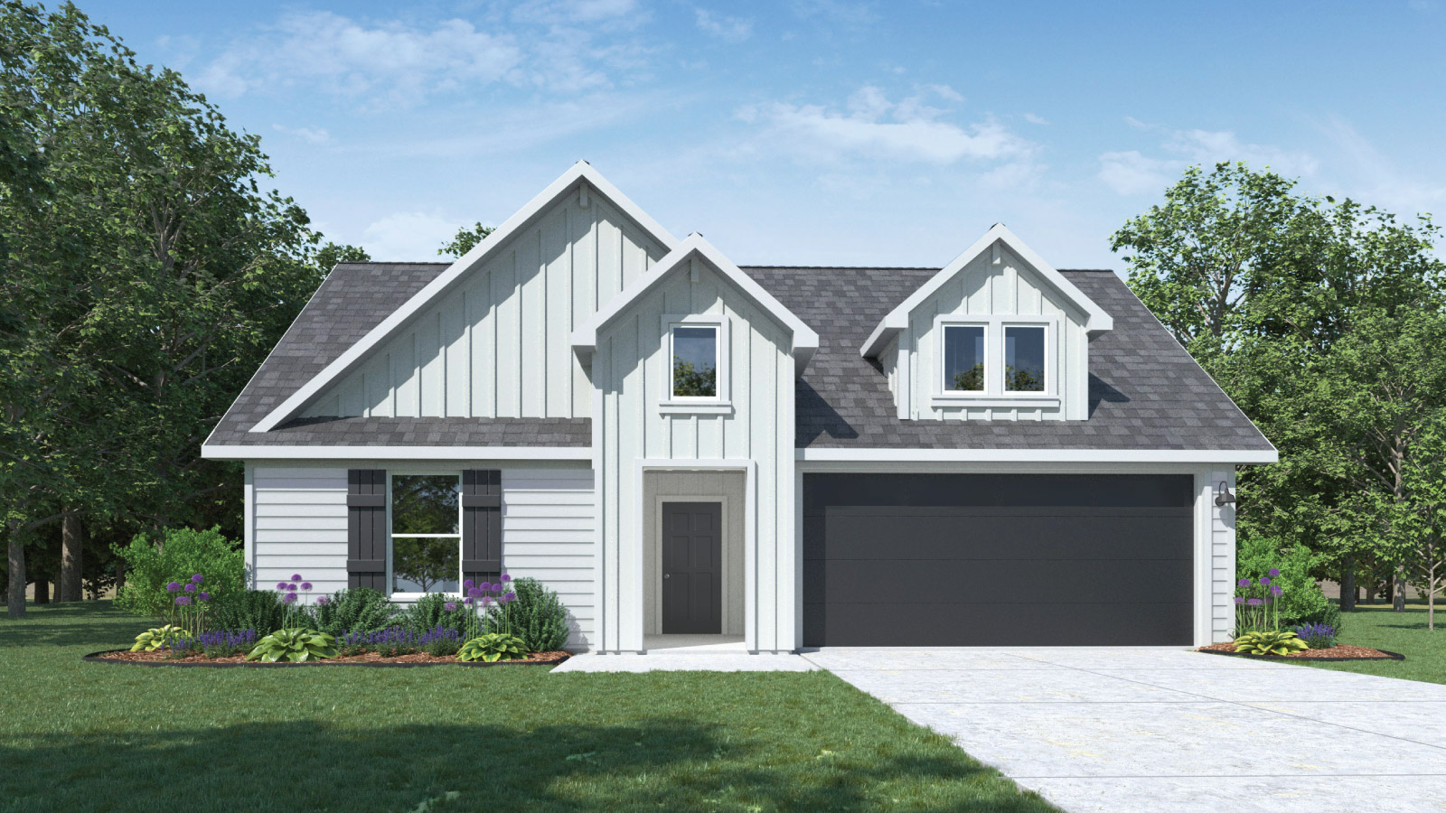 The Kingston floorplan F elevation with farmhouse exterior two windows and a 2 car garage.
