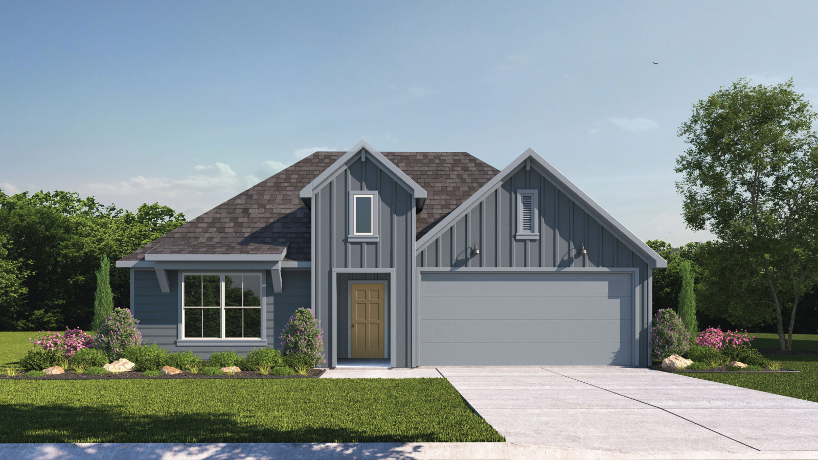 The Kingston floorplan G elevation with farmhouse exterior two windows and a 2 car garage.