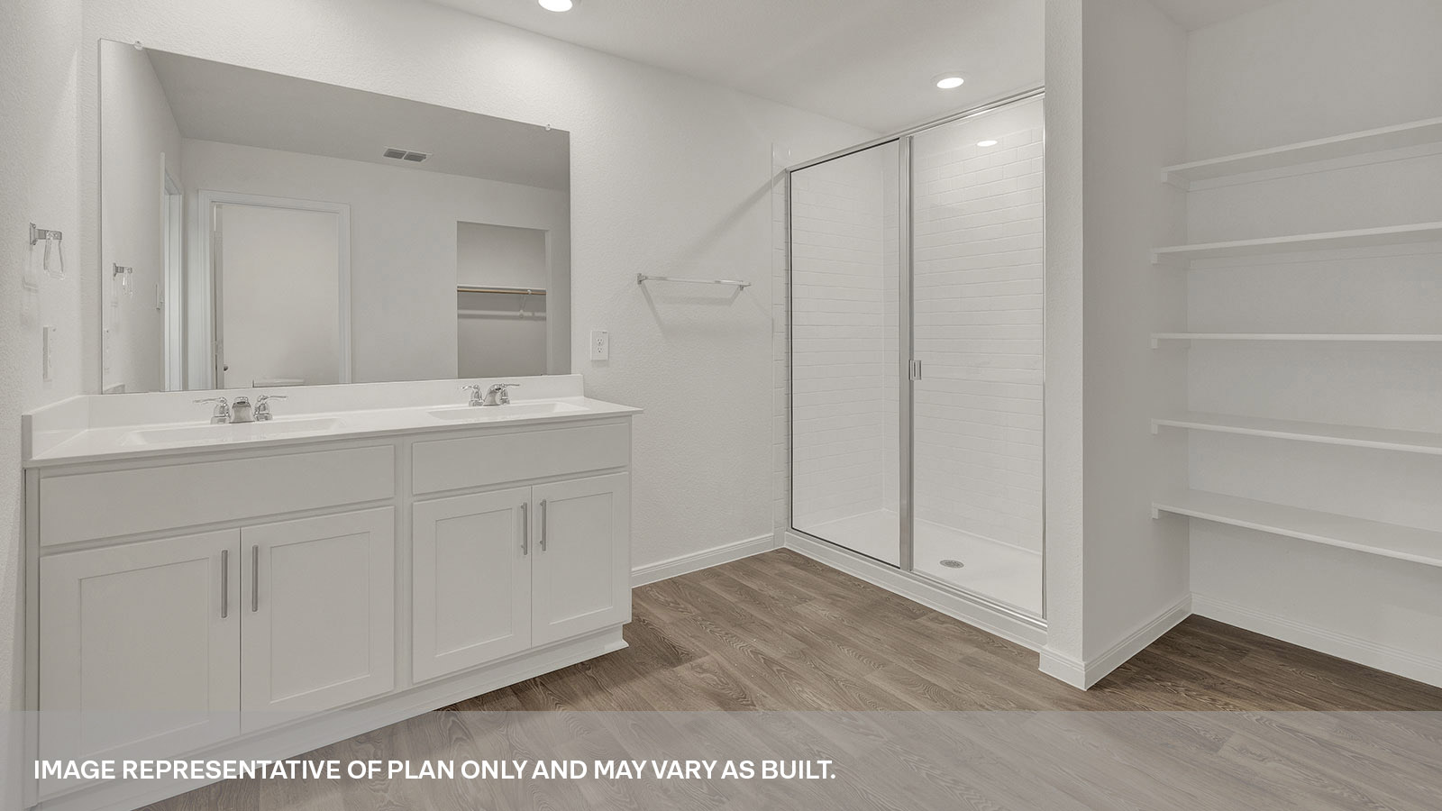 Main bathroom with double sink vanity, walk-in shower, and wooden shelving.