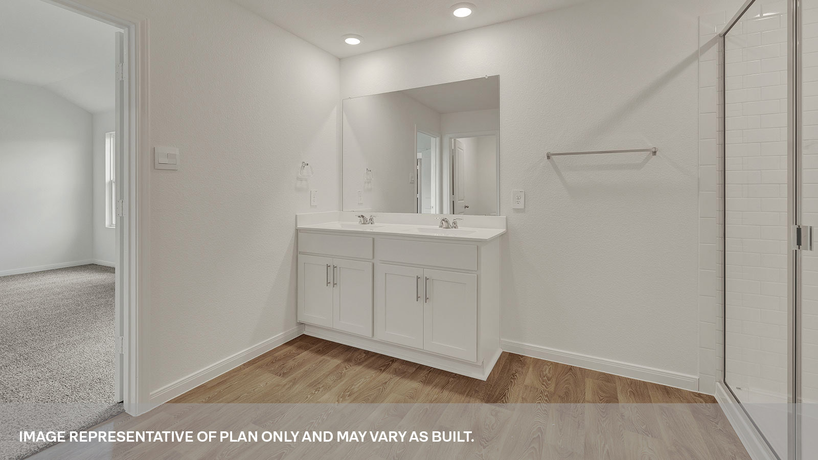 Main bathroom with double sink vanity, walk-in shower, and wooden shelving.