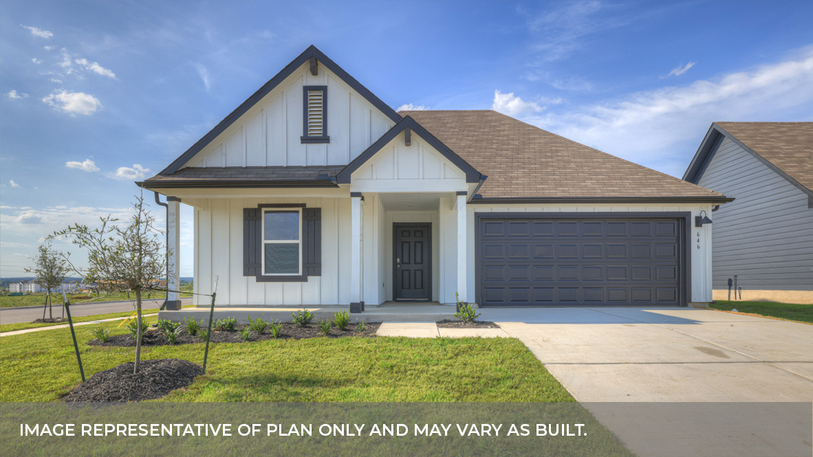 Single-story Lakeway floorplan G elevation with farmhouse exteriors.