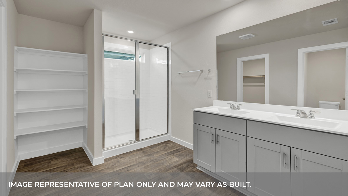 Main bathroom with double sink vanity, wooden shelving and walk-in shower.
