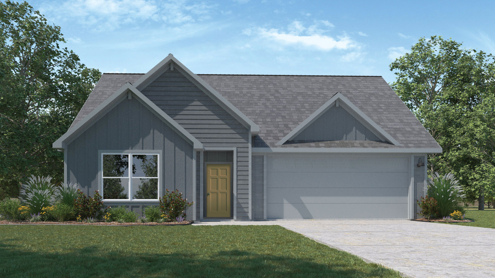 The Lakeway floorplan F elevation with farmhouse exterior, two windows, and two car garage.