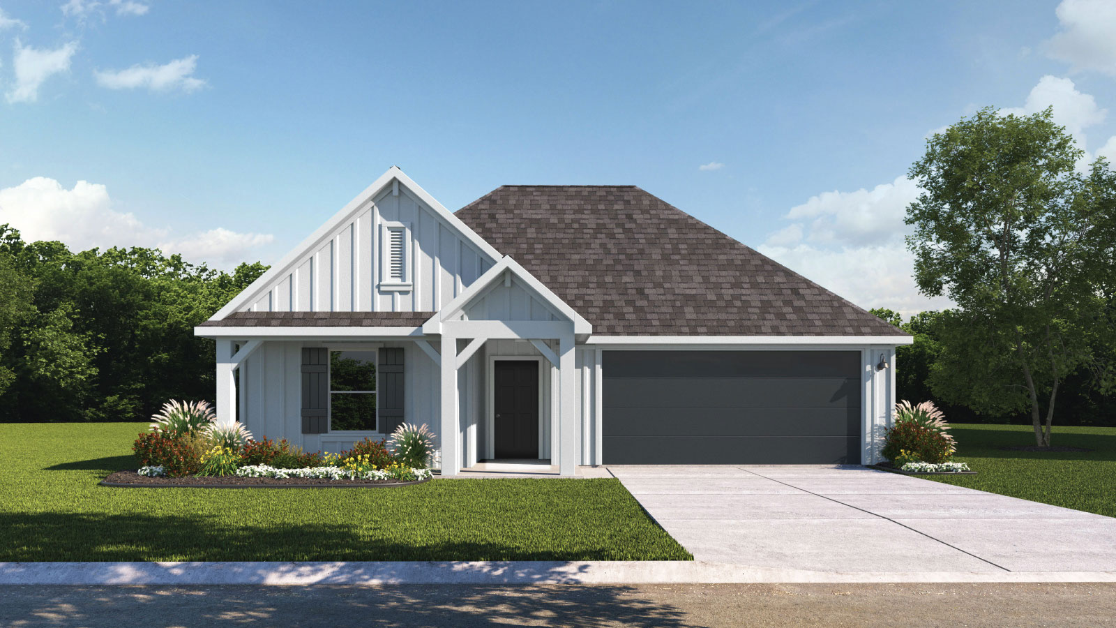 The Lakeway floorplan G elevation with farmhouse exterior, two windows, and two car garage.