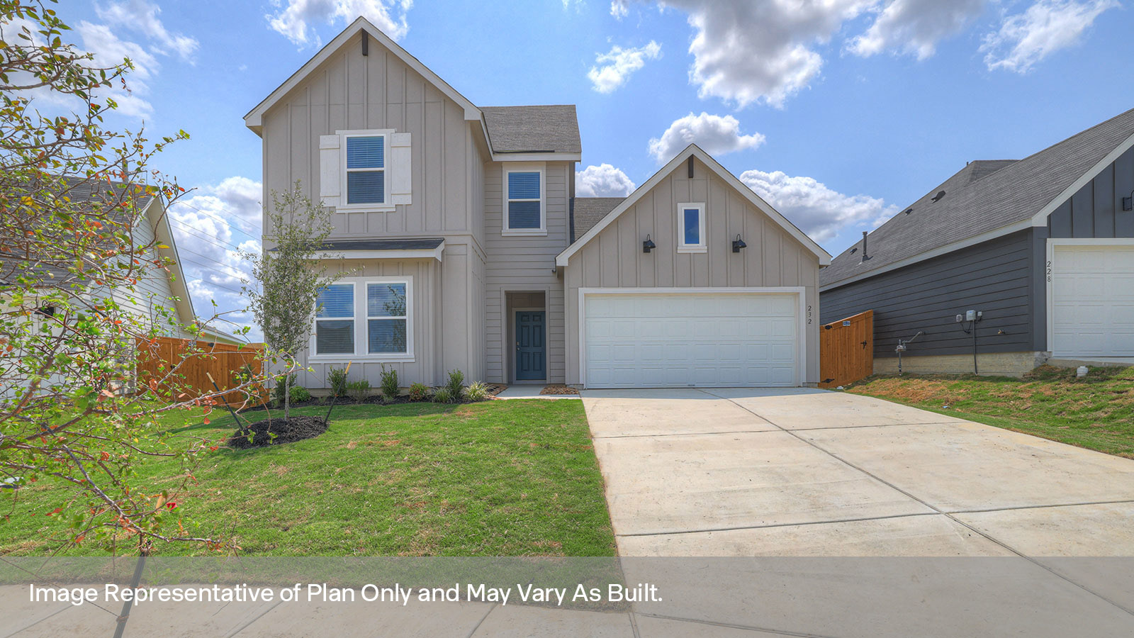 Two-story with farmhouse exteriors, 4 windows, and a 2 car garage.
