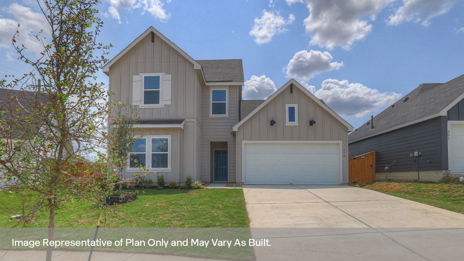 Two-story floorplan with farmhouse exteriors, 4 windows, and a 2 car garage.