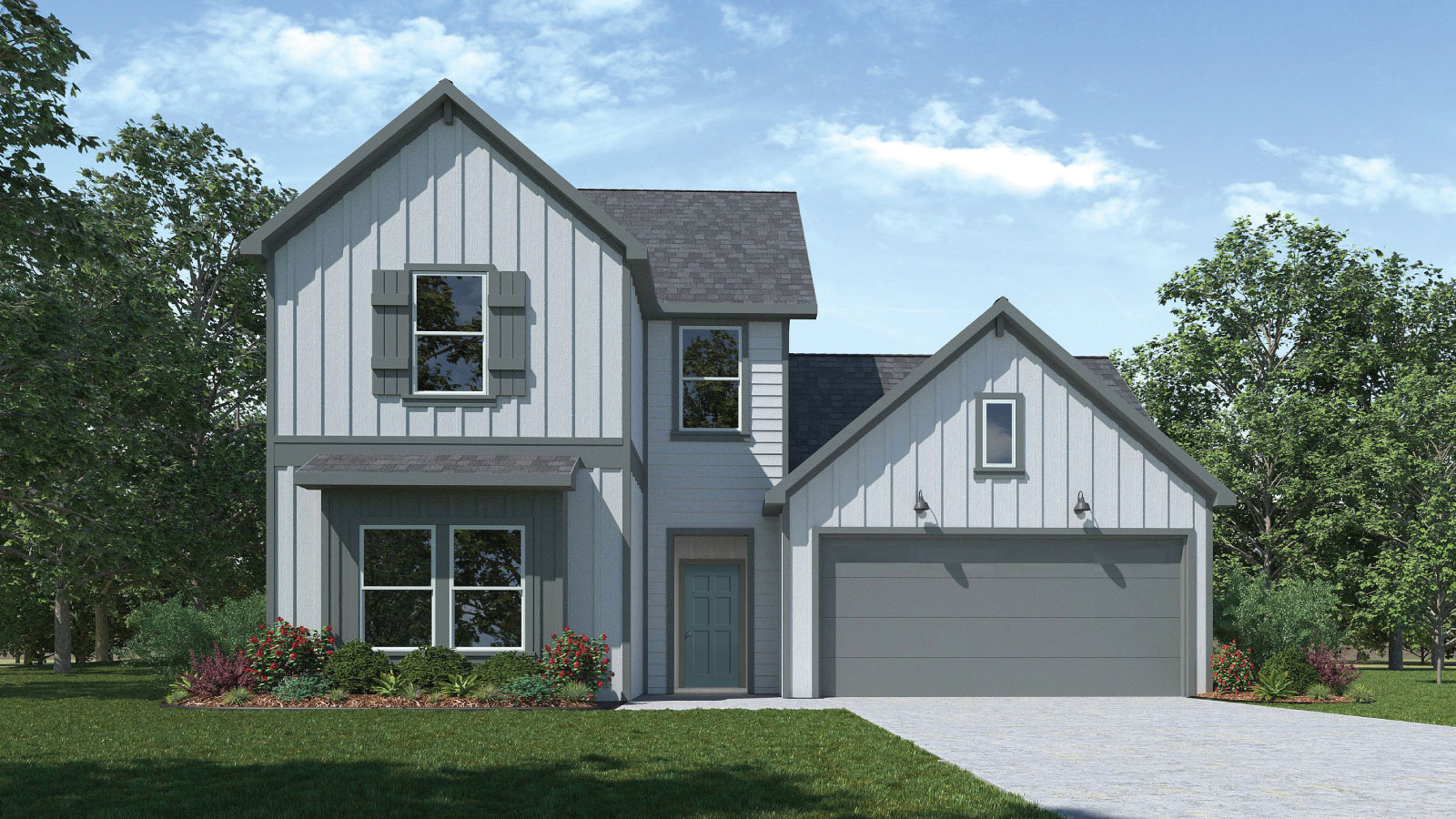 The Midland F elevation with farmhouse exteriors, 4 windows and a 2 car garage.