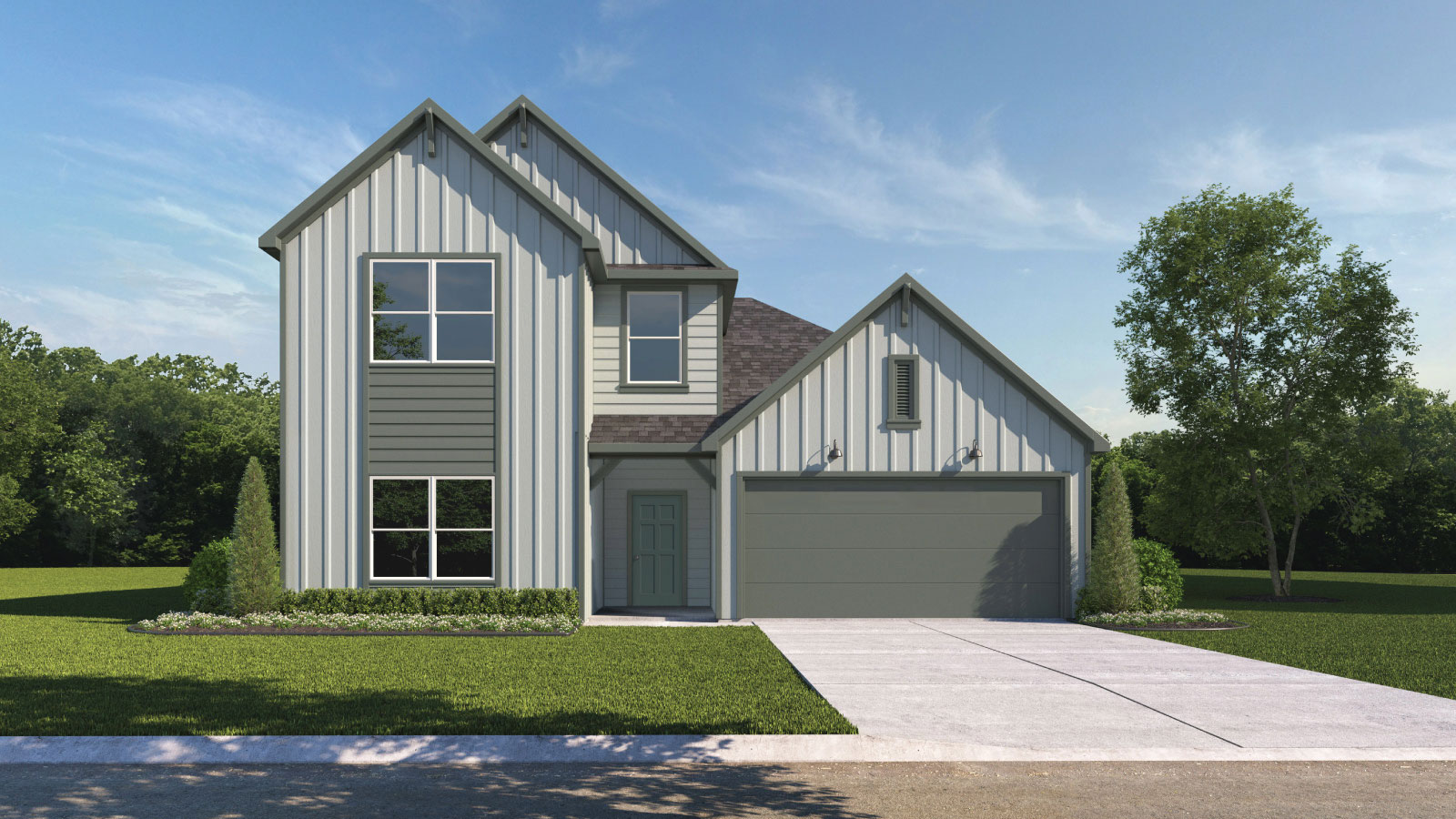 The Midland G elevation with farmhouse exterior, 5 windows and a 2 car garage.