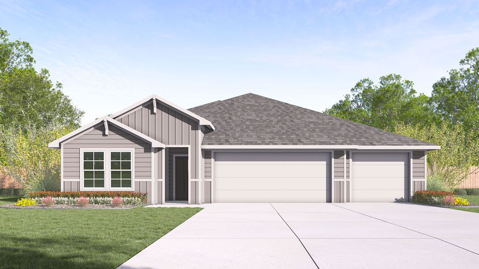 Courtland Floorplan K elevation 4 bedroom 3 bath 3 car garage 3 car garage