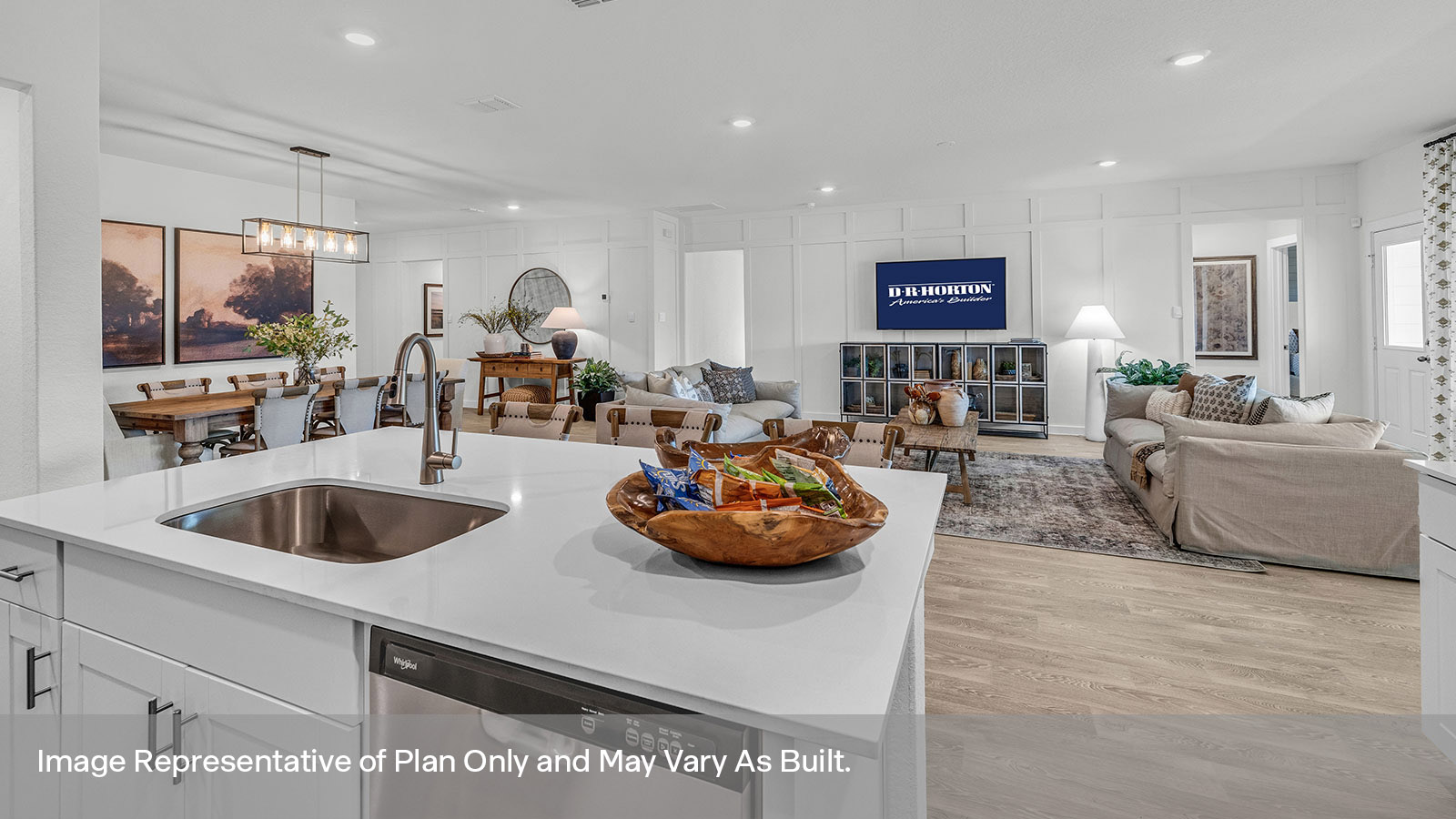 Sonoma Oaks Irving Floorplan Family Room, Dining Room and Kitchen