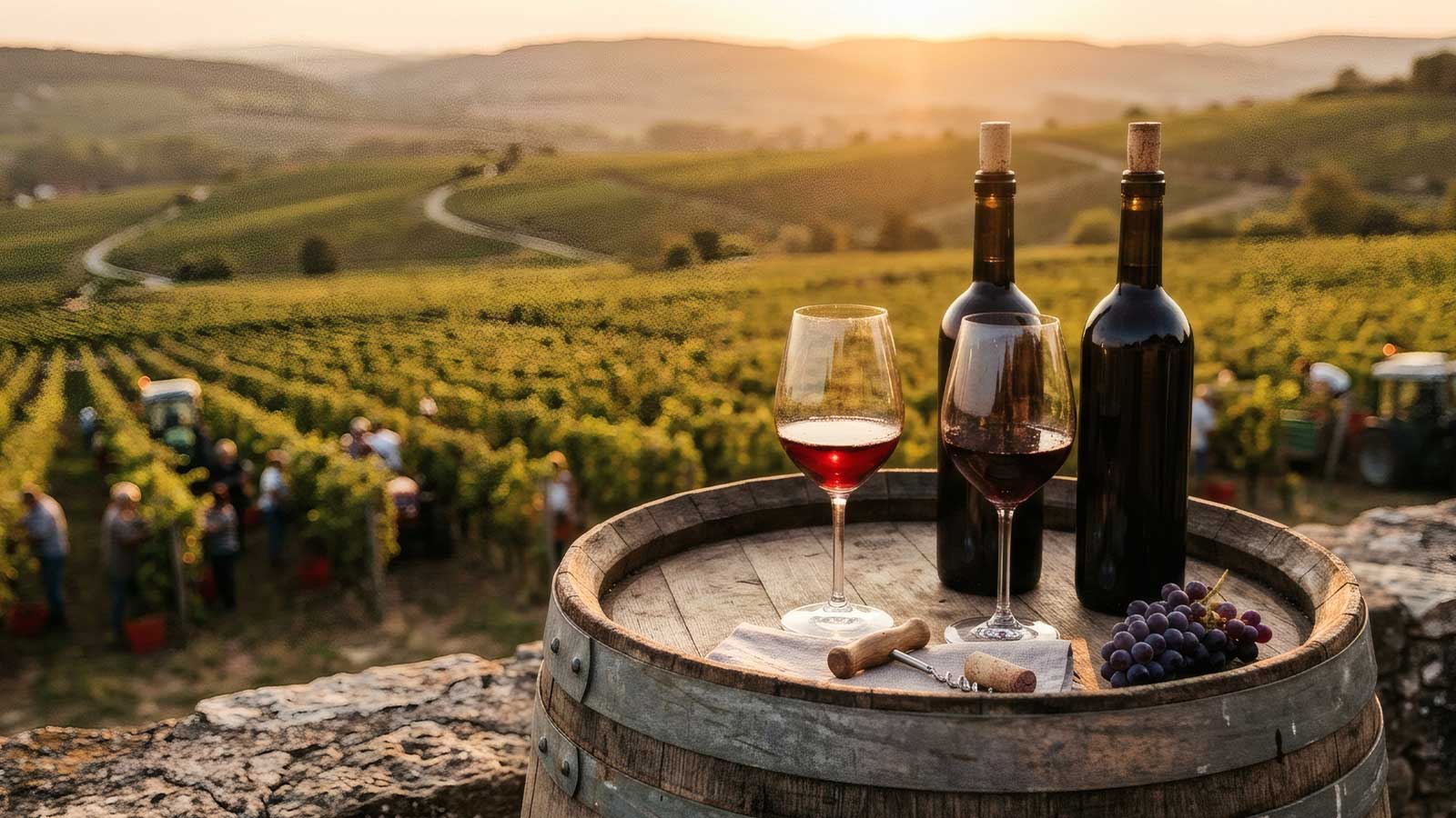 Photo of wine bottles overlooking a vineyard.