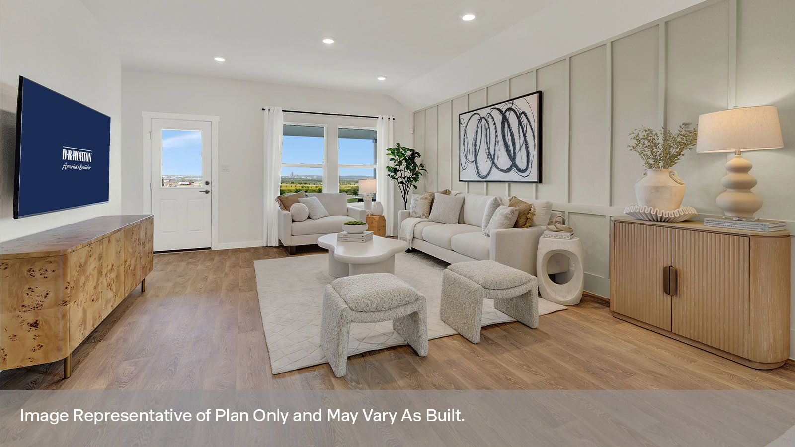 Living room with vinyl flooring, two windows, and a half lite exterior door.