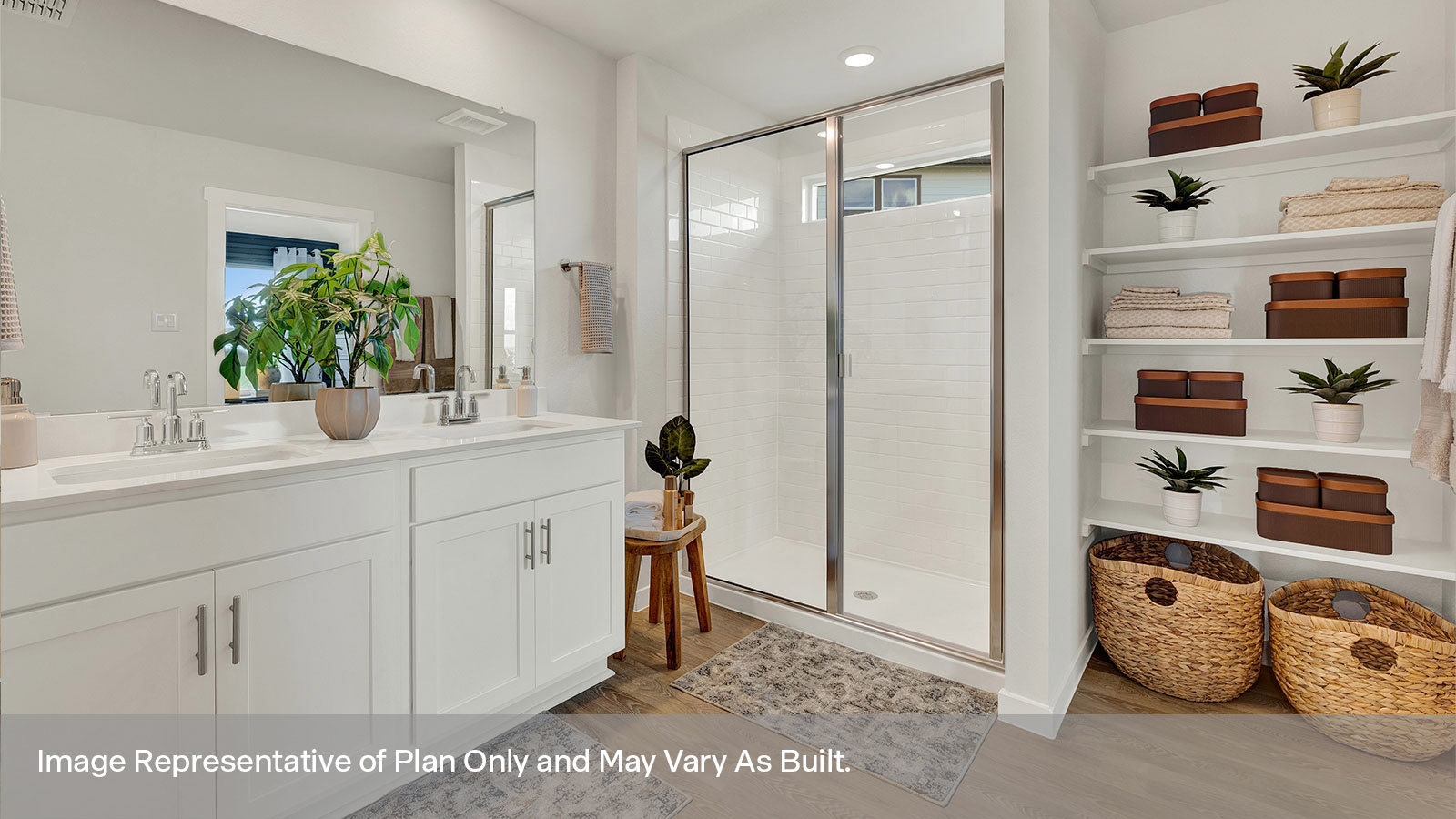 Main bathroom with vanity, walk-in shower, and wooden shelving.