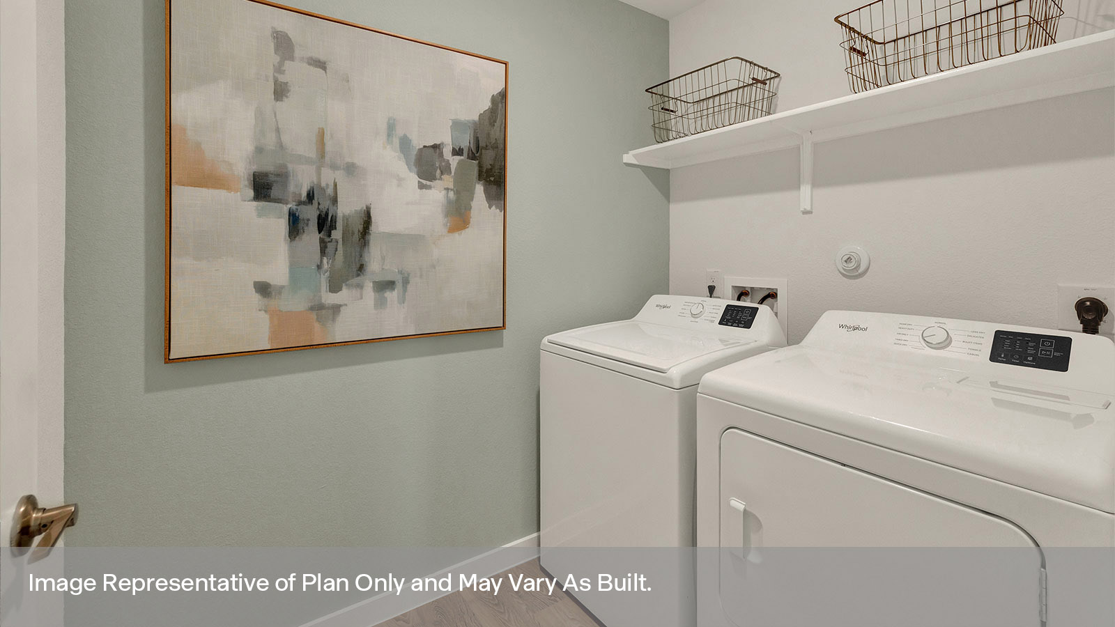 Laundry room with vinyl flooring and wooden shelving.