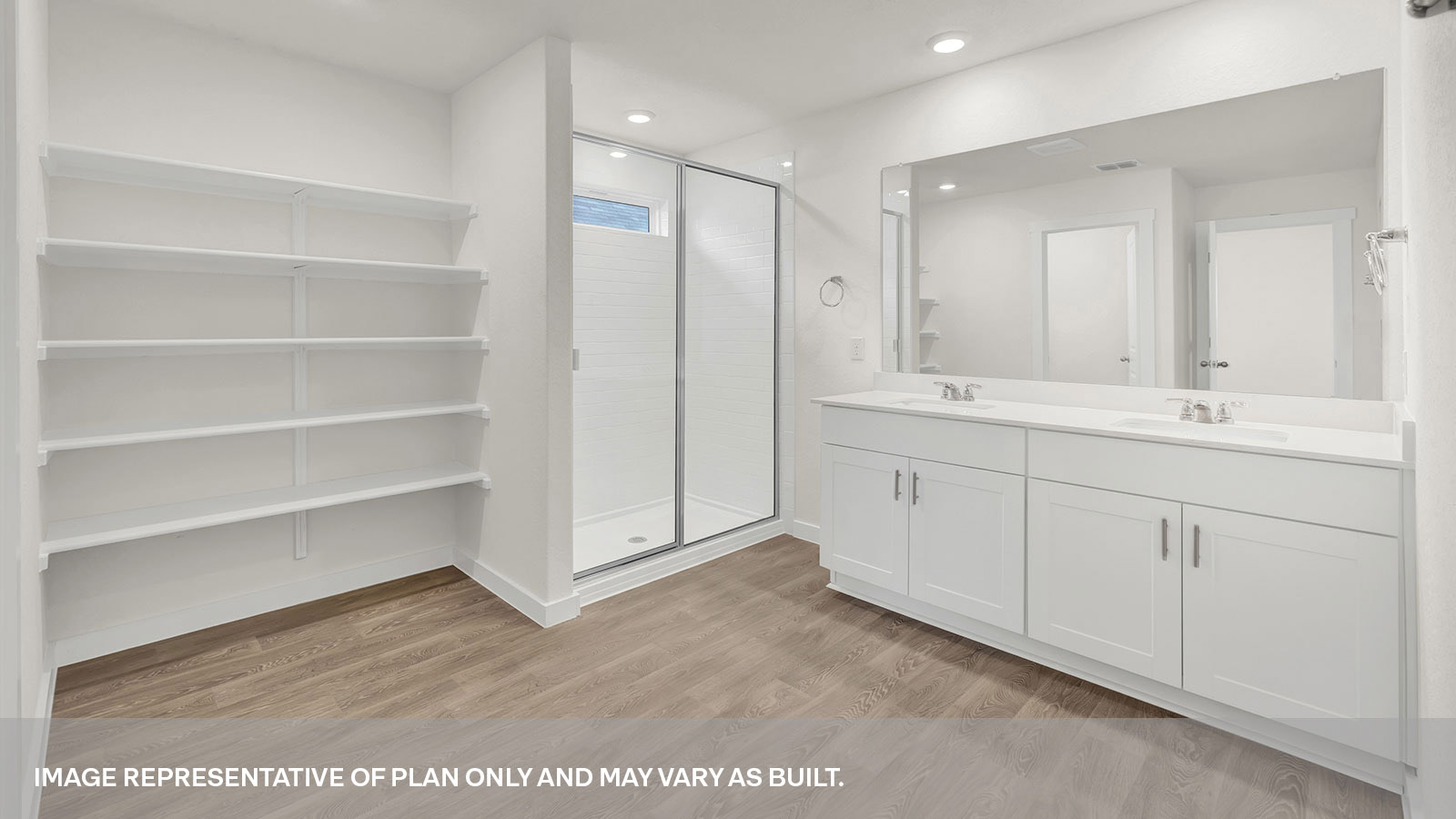 Main bathroom with vanity, walk-in shower, and wooden shelving.