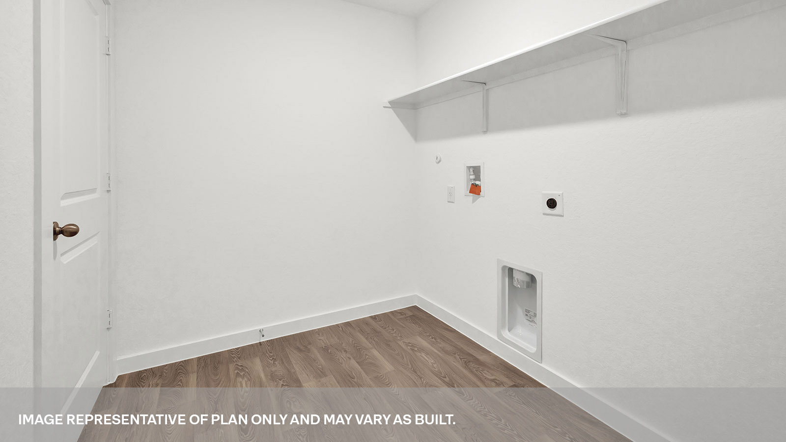 Laundry room with washer/dryer connections and wooden shelvign.