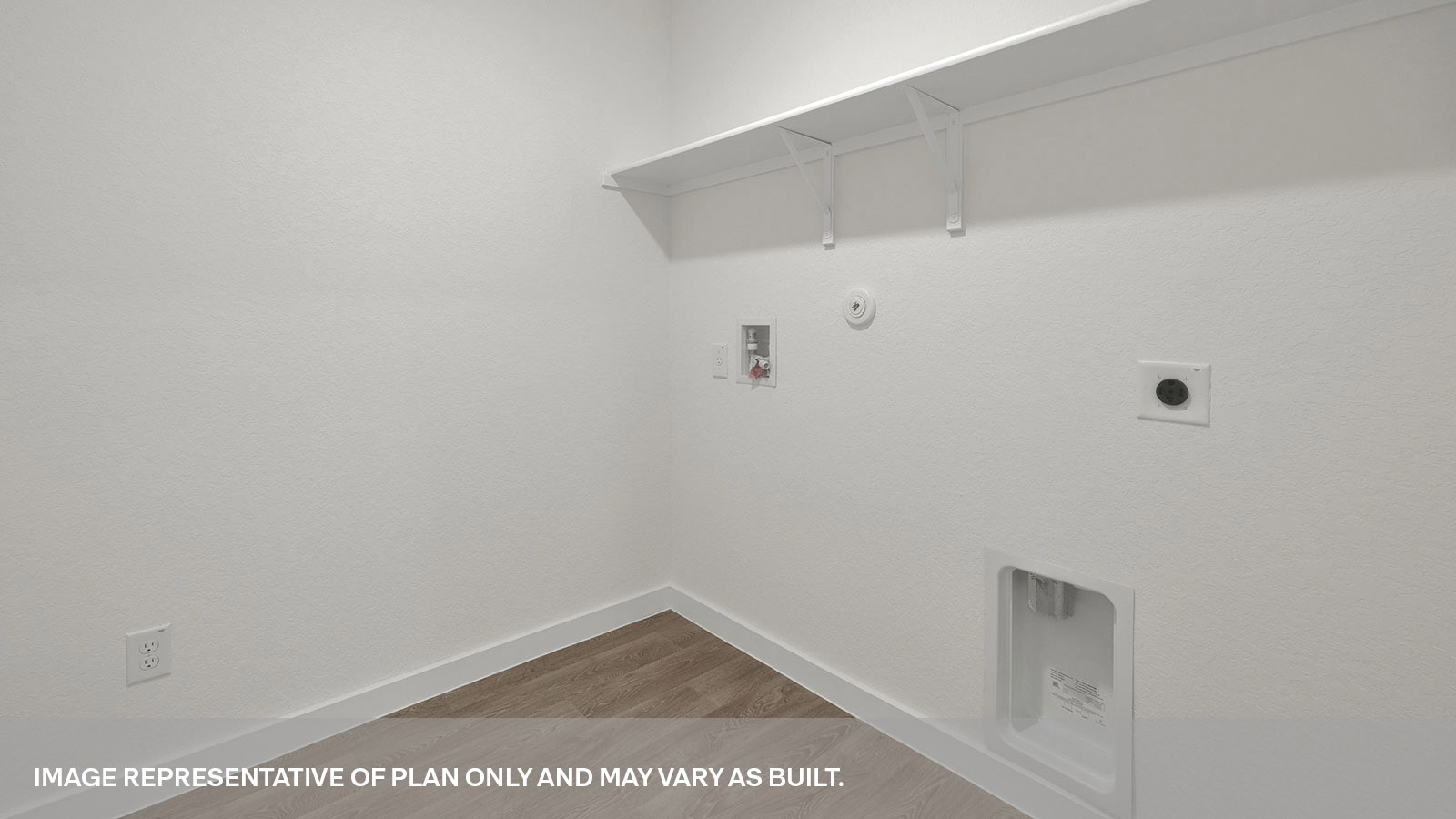Laundry room with washer/dryer connections and wooden shelving.