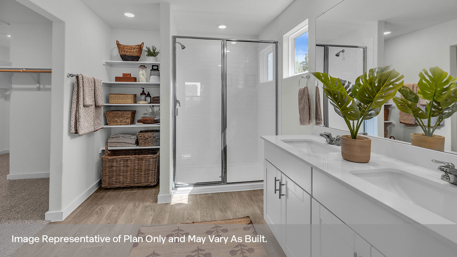 Main bathroom with vanity, walk-in shower, and wooden shelving.