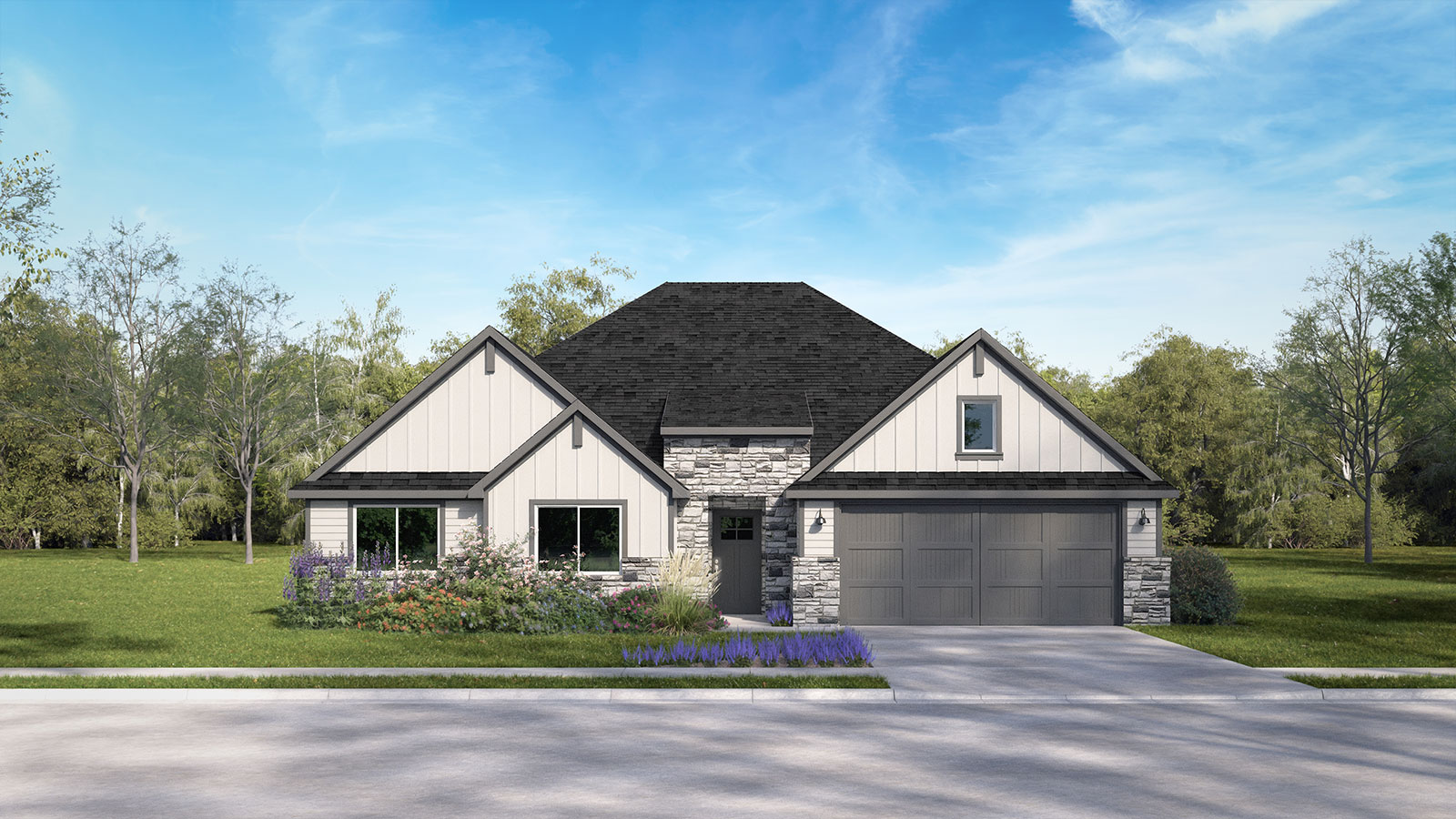 The Irving floorplan F elevation with 2 car garage rendering.
