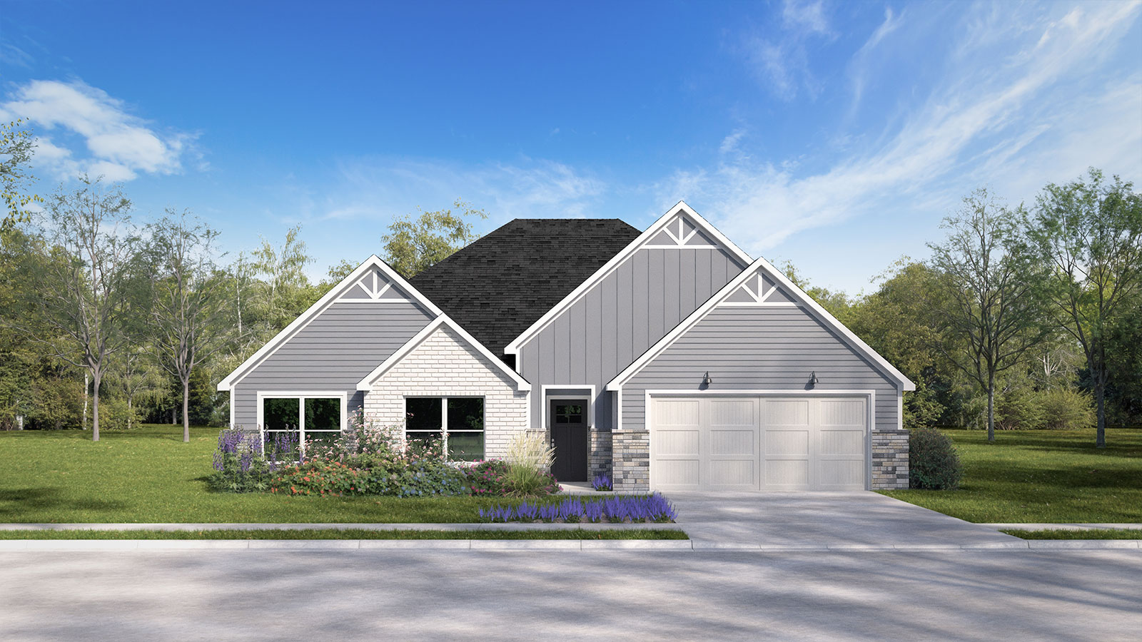 The Irving floorplan G elevation with 2 car garage rendering.