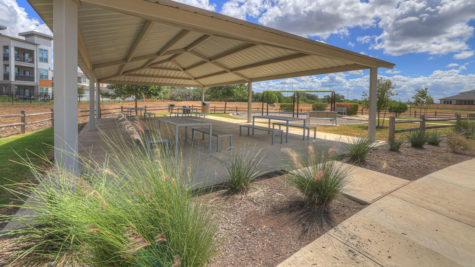 Paramount Pavilion with picnic tables.