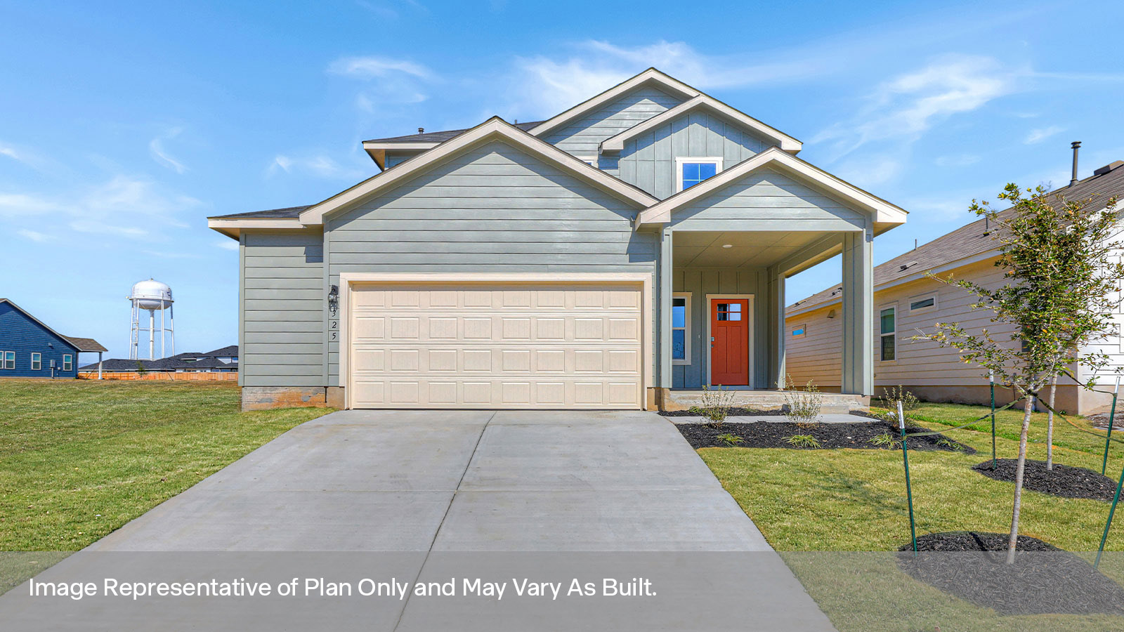 Two-story farmhouse exteriors with 2 car garage.
