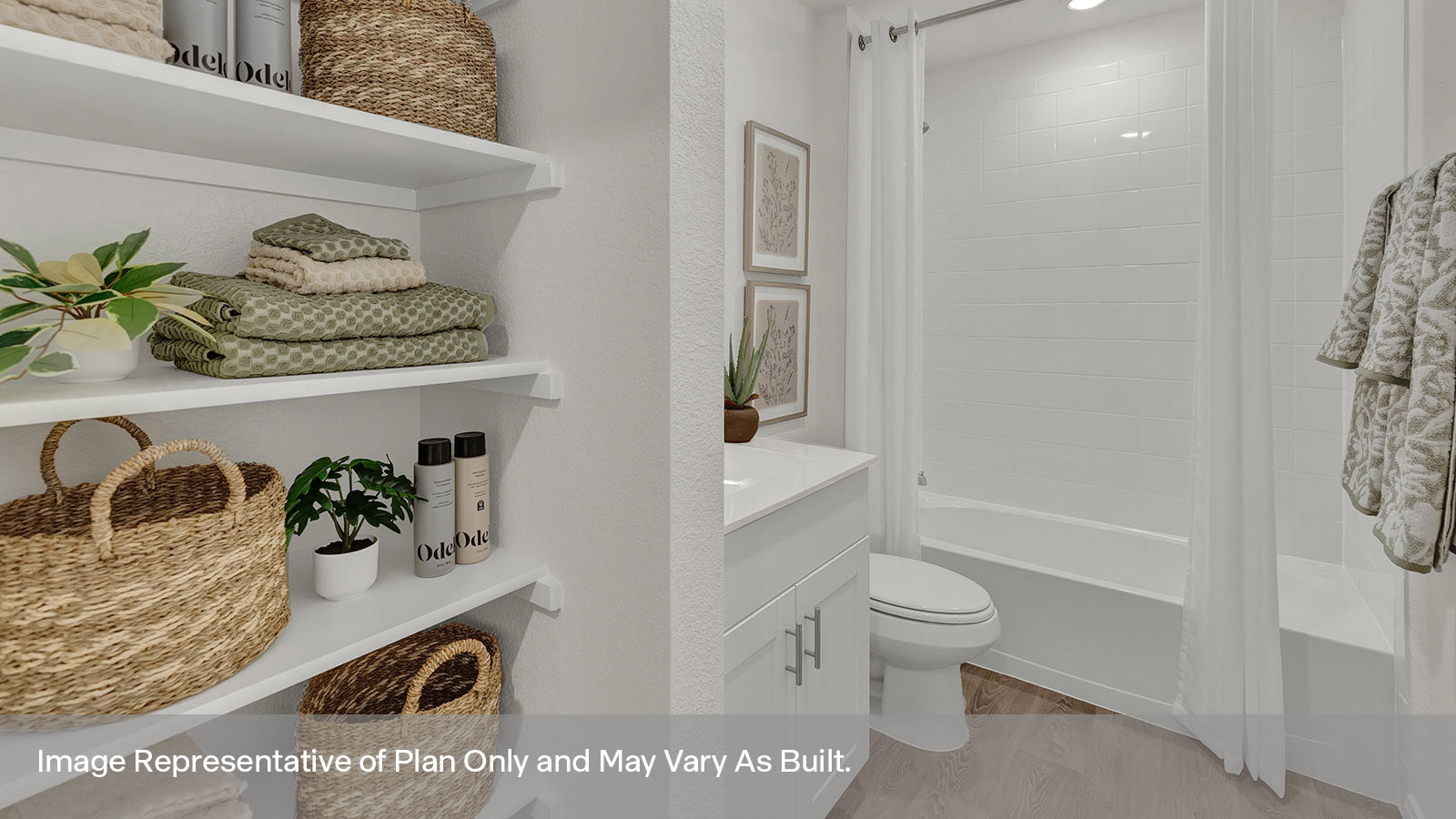 Hall bathroom with wooden shelving, toilet and tub.