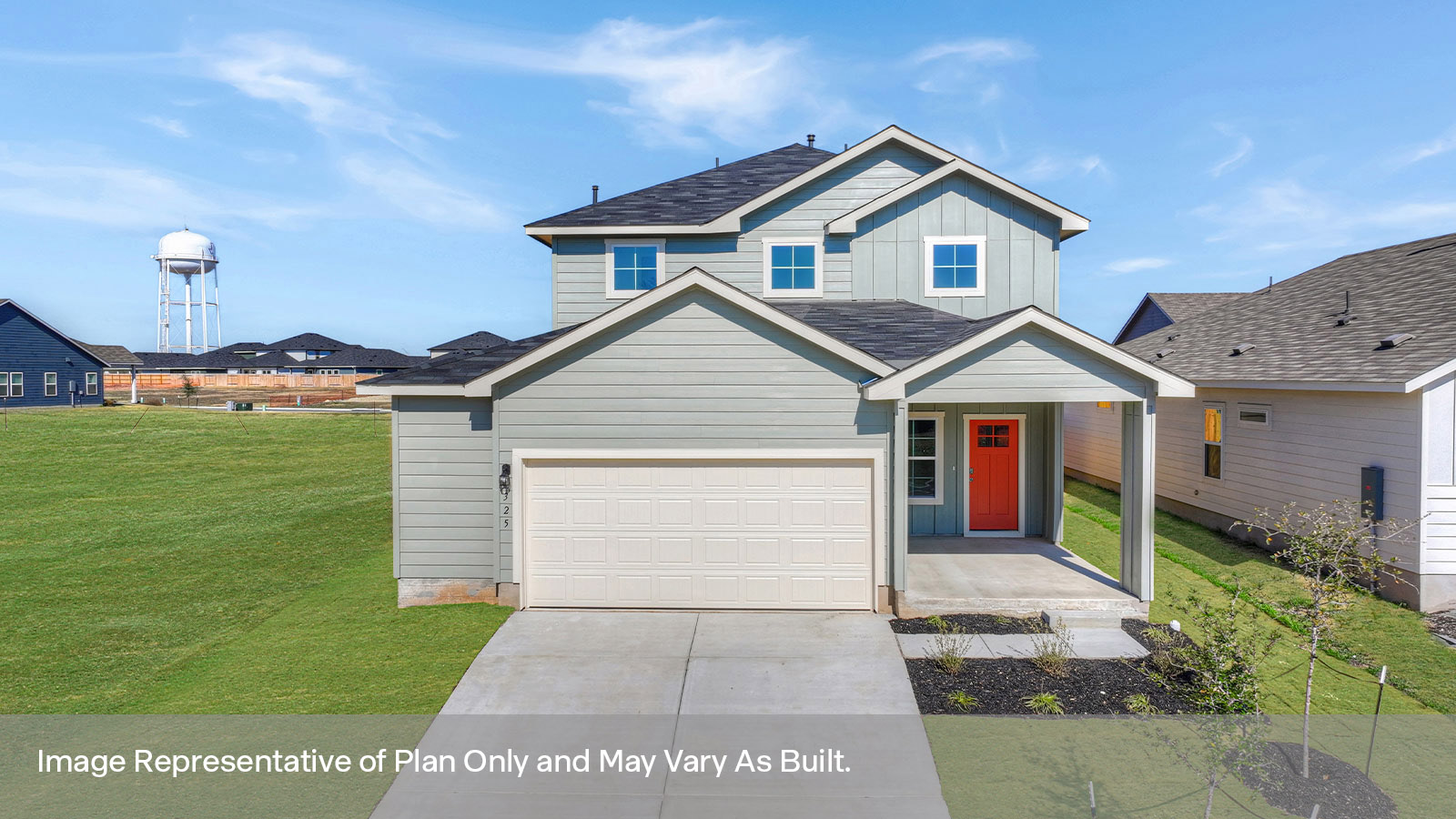 Two-story farmhouse exteriors with 2 car garage.