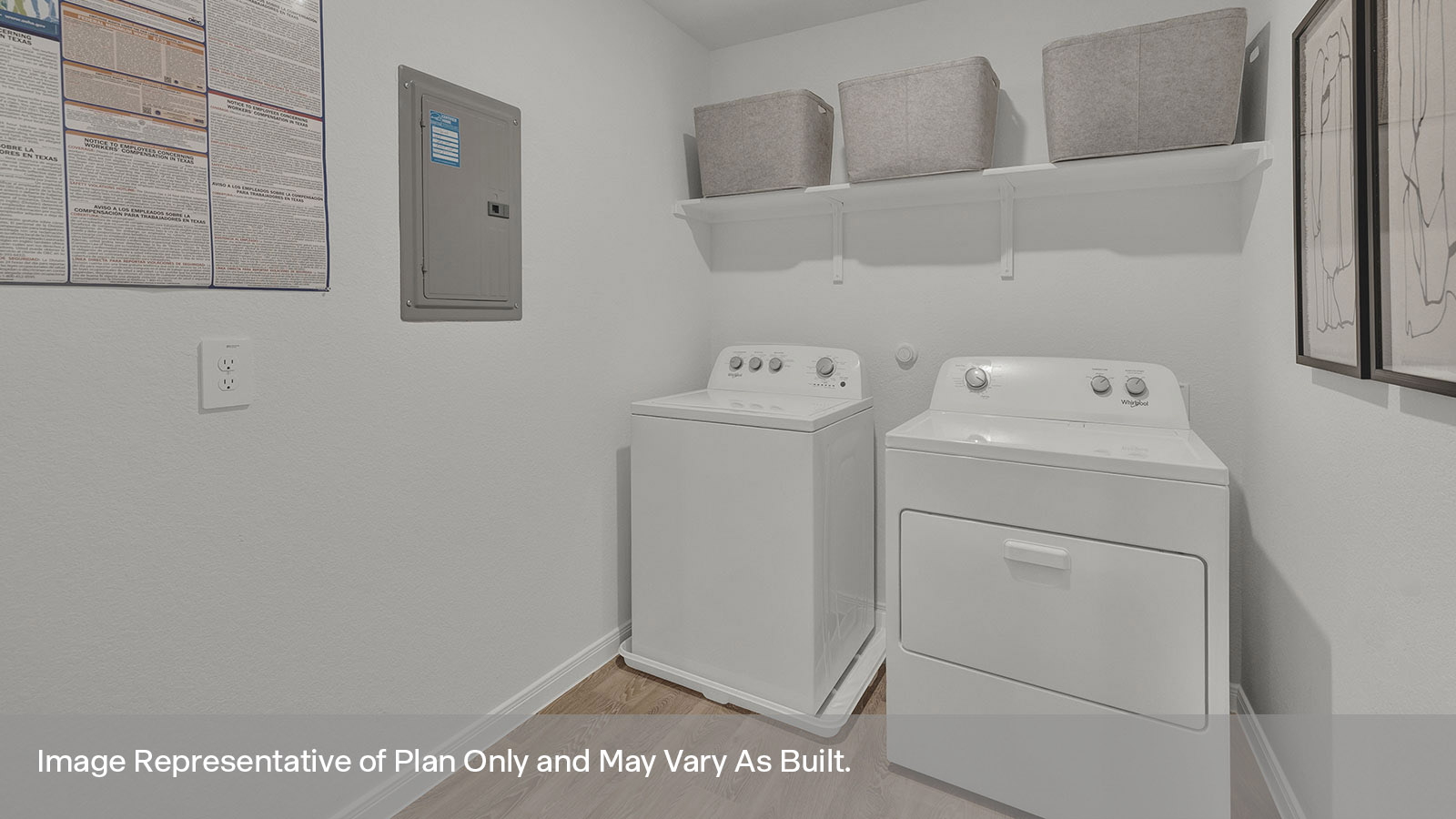 Laundry room with washer/dryer connections and wooden shelving.