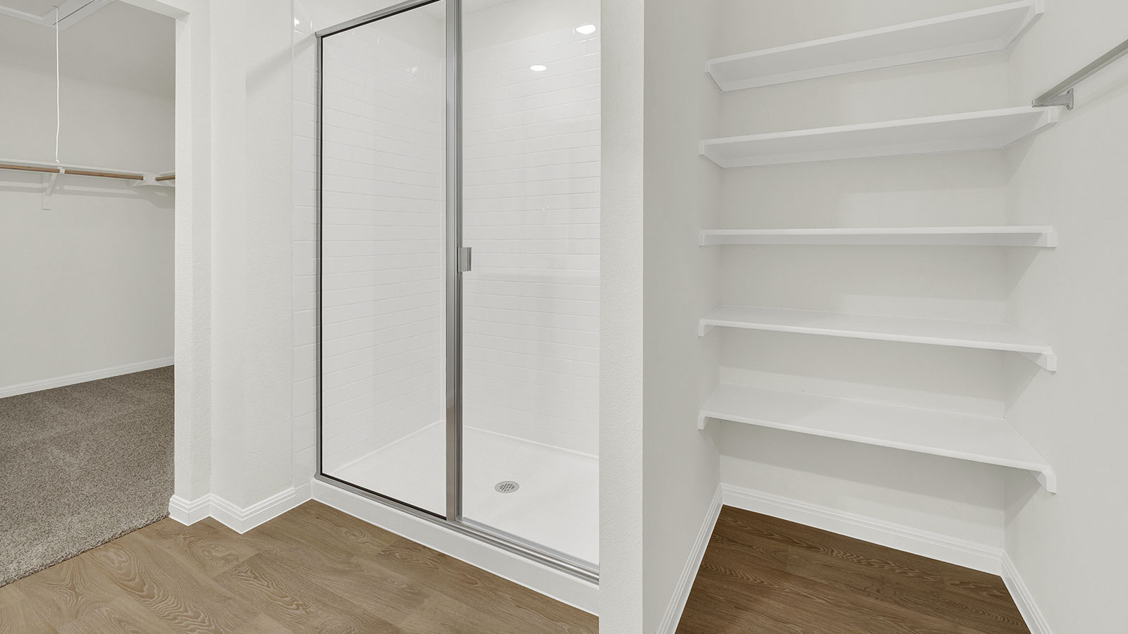 bath 1 with wooden shelves and walk in shower