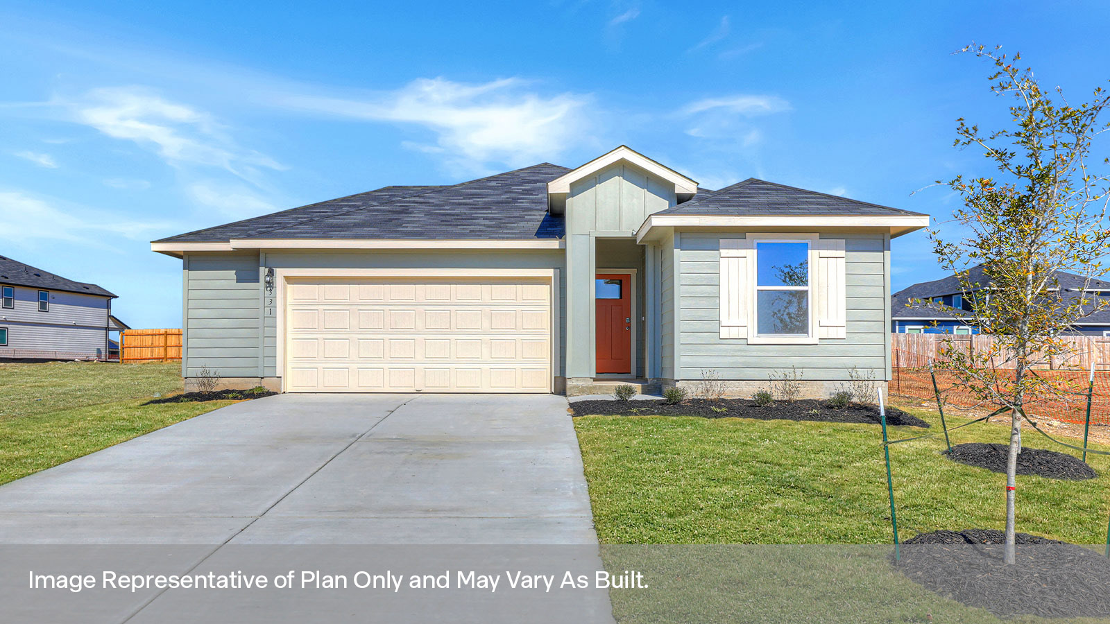 Single-story farmhouse with 2 car garage.