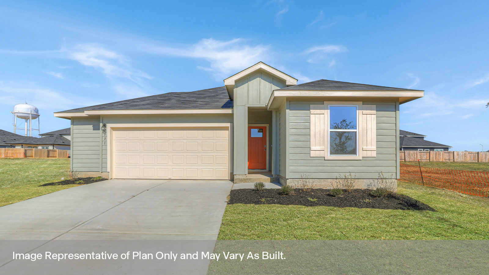 Single-story farmhouse with 2 car garage.